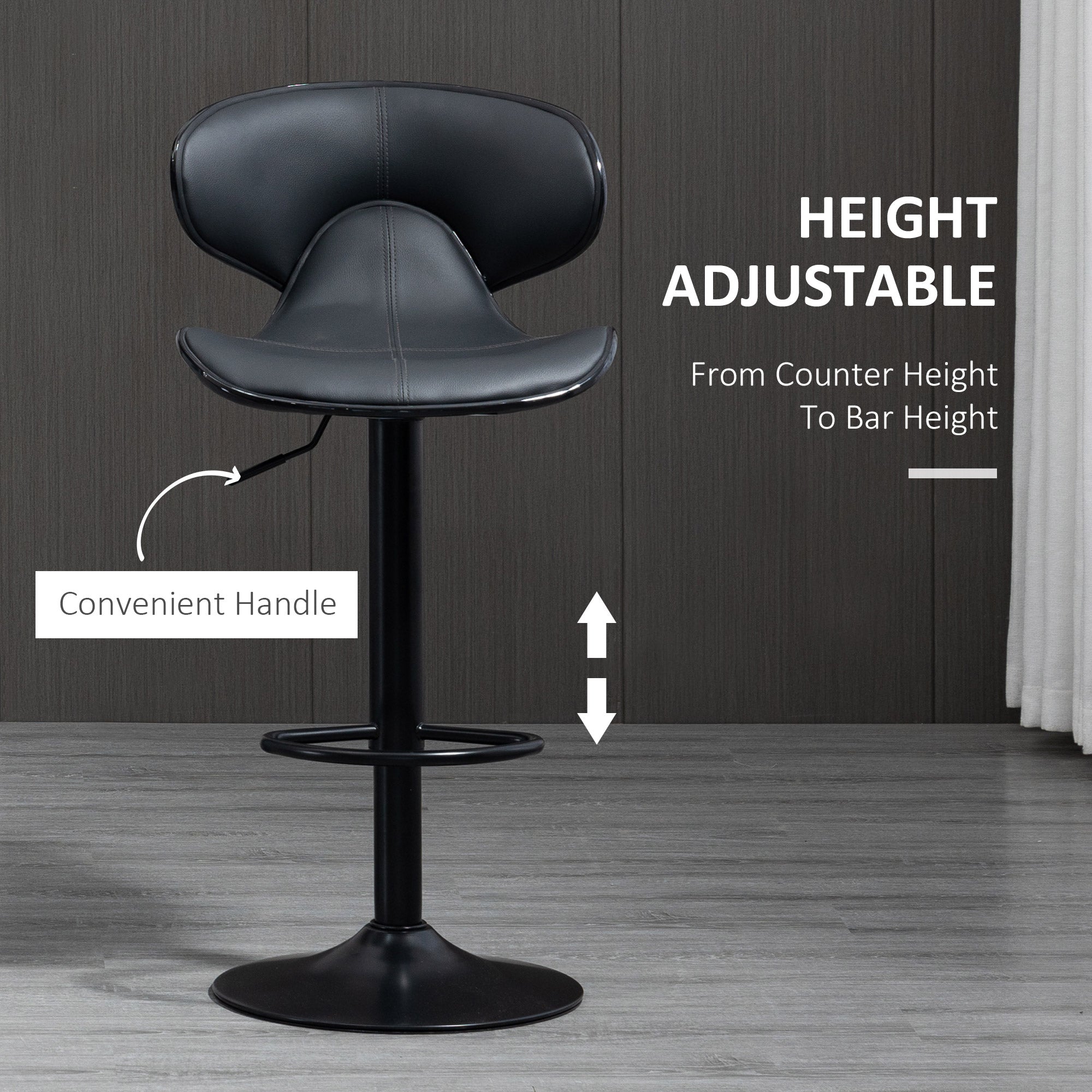 HOMCOM Adjustable Swivel Bar Stools Set of 2, Barstools with Footrest and Backrest, Steel Frame Gas Lift, for Kitchen Counter Dining Room, Grey - North Peak Garden Furniture