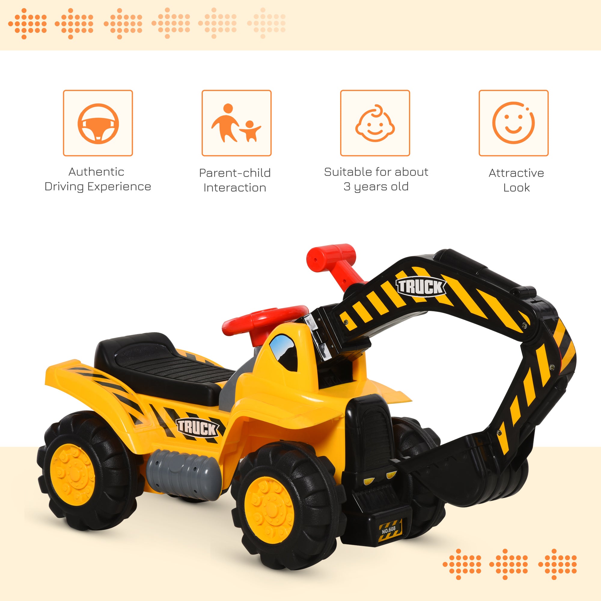HOMCOM Kids Ride On Excavator Digger w/ Storage Basketball Net Steering NO POWER Wheel Vehicle Truck Toy - North Peak Garden Furniture