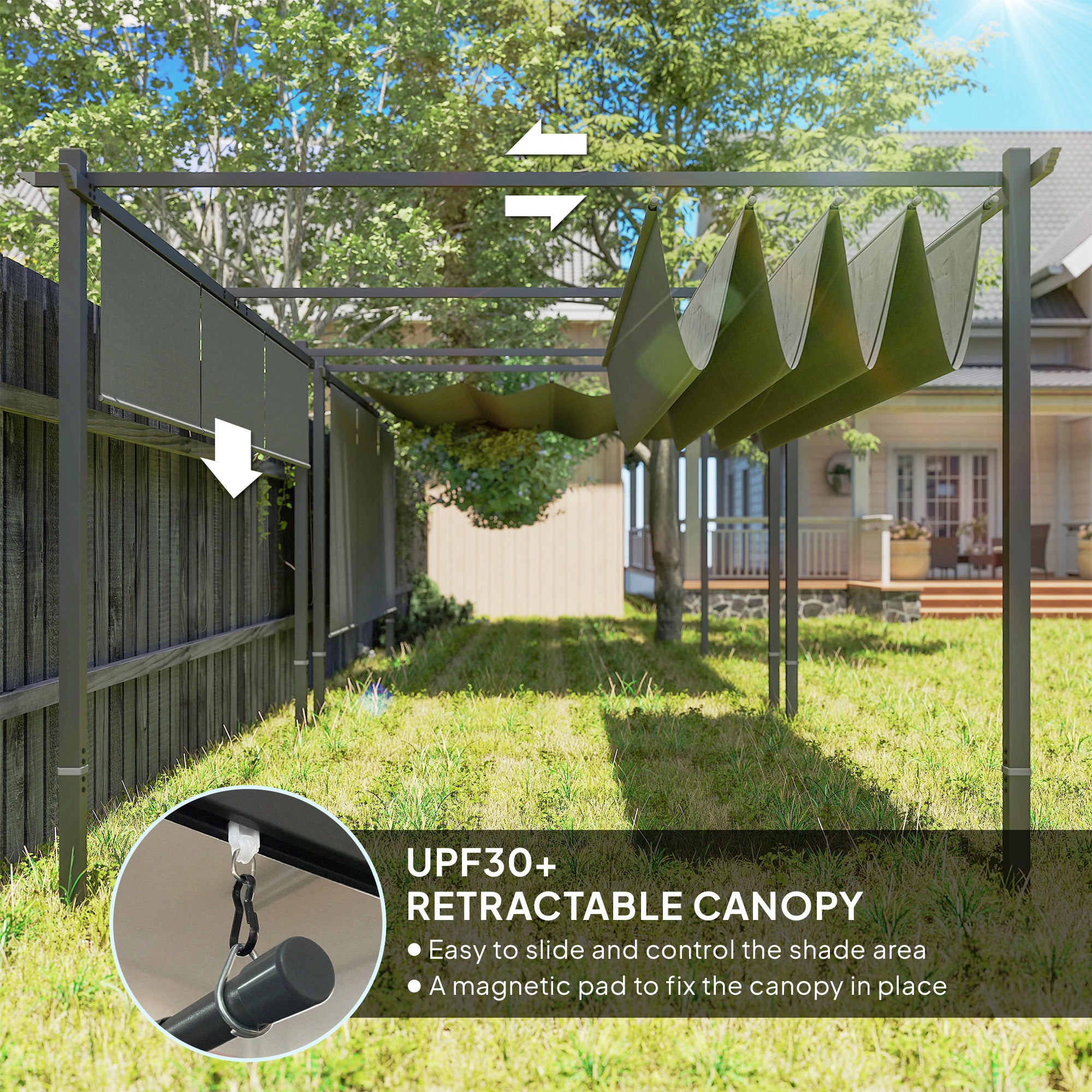 Outsunny 3 x 4m Metal Pergola with Retractable Roof and Roller Shade, Wall-Mounted or Free Standing Garden Gazebo Canopy Pergola Kit, UPF30+ Outdoor Sun Shade Shelter, Grey - North Peak Garden Furniture