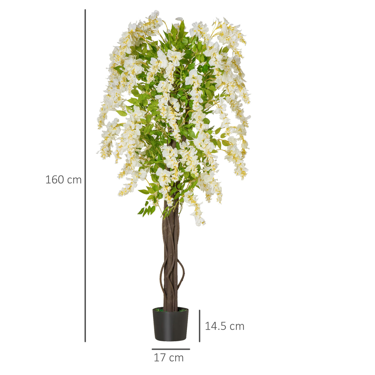 HOMCOM Artificial Plant White Wisteria Tree Faux Decorative Plant in Nursery Pot for Indoor Decor, 160cm