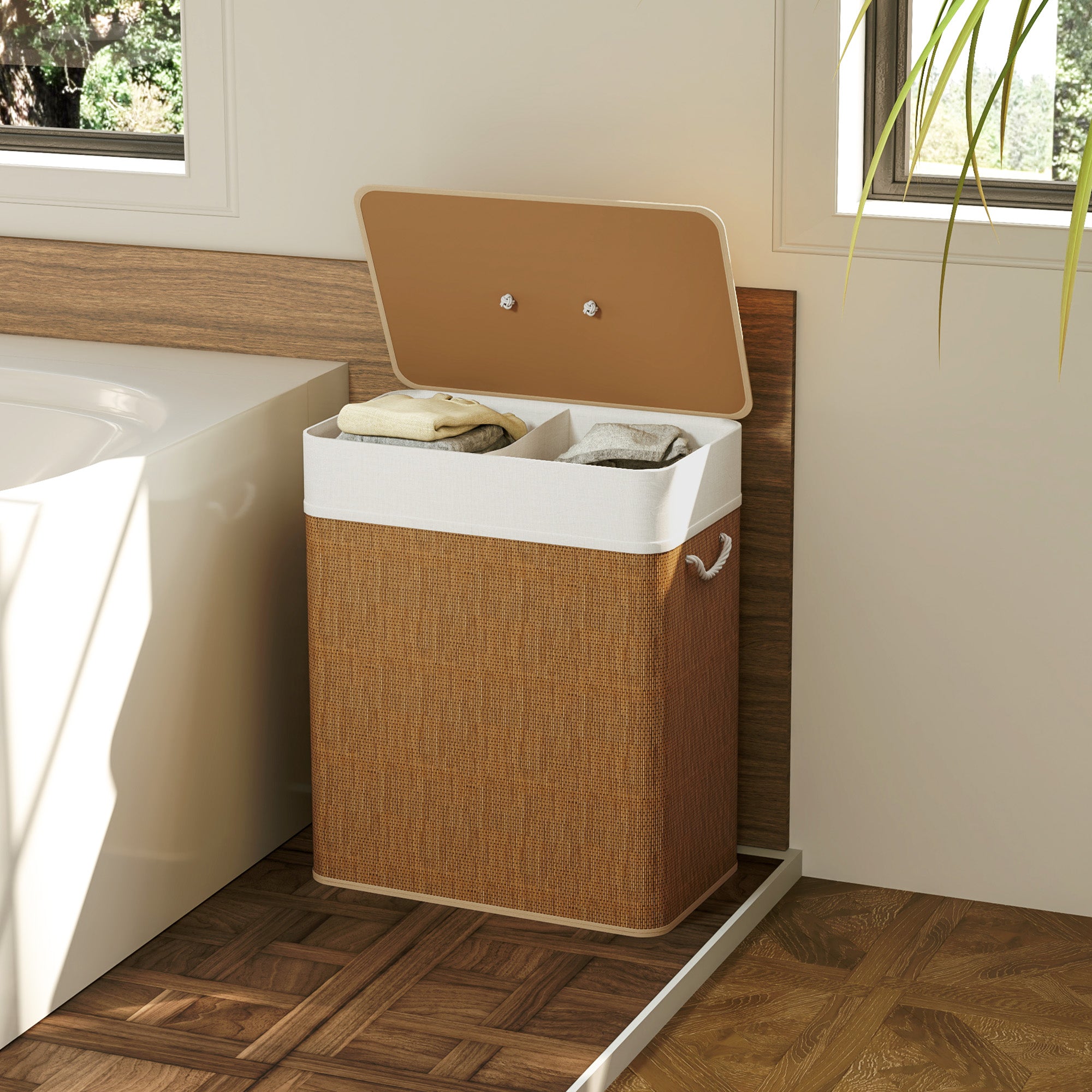 HOMCOM Double Laundry Basket with Lid, 100L Bamboo Laundry Hamper with Rope Handles, Washing Basket with Removable Liner for Bathroom, Bedroom, Brown - North Peak Garden Furniture