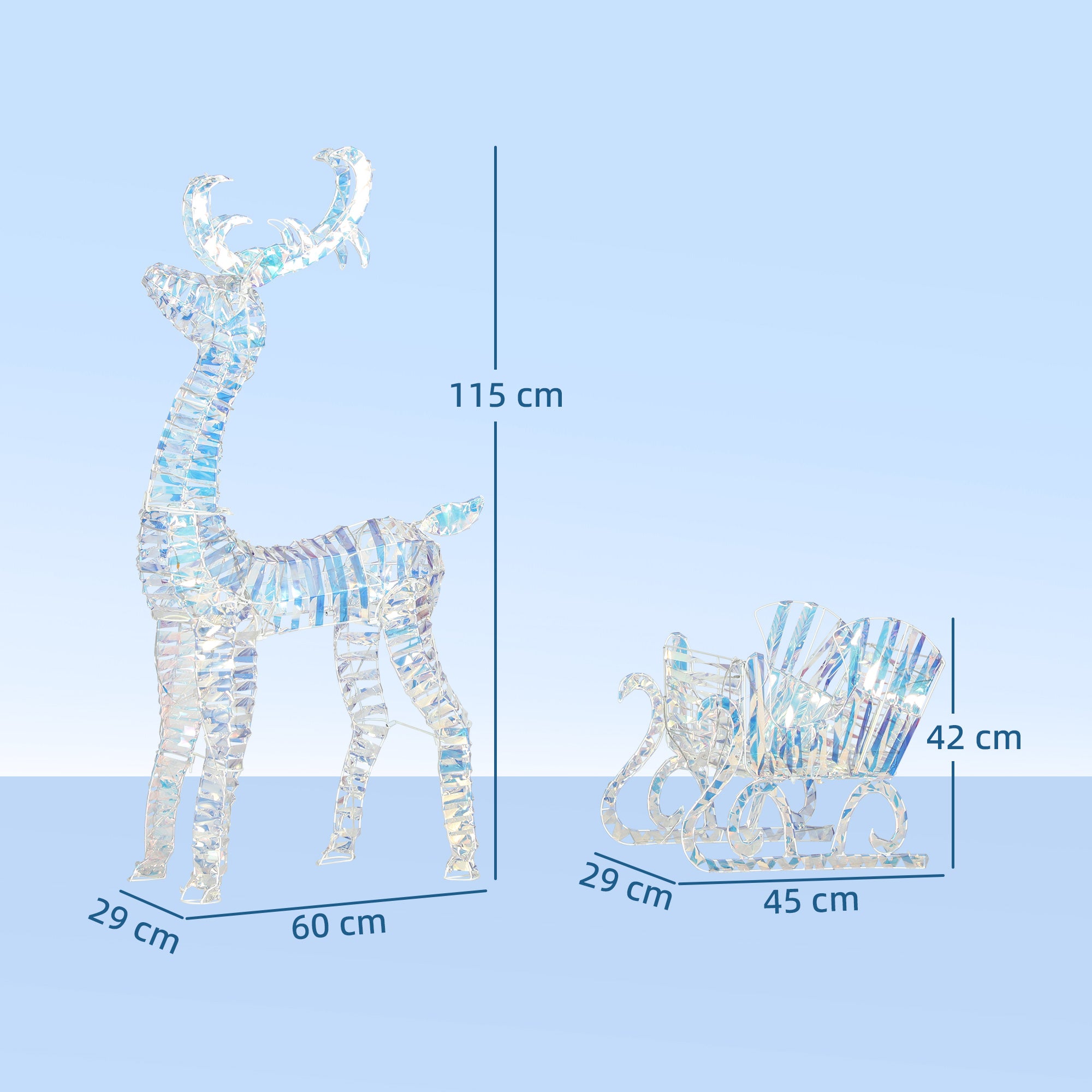 Outsunny Lighted Christmas Reindeer with Sleigh, Outdoor Yard Reindeer with 170 Warm White LED Lights, Holiday Decor with Stakes, Waterproof, Silver