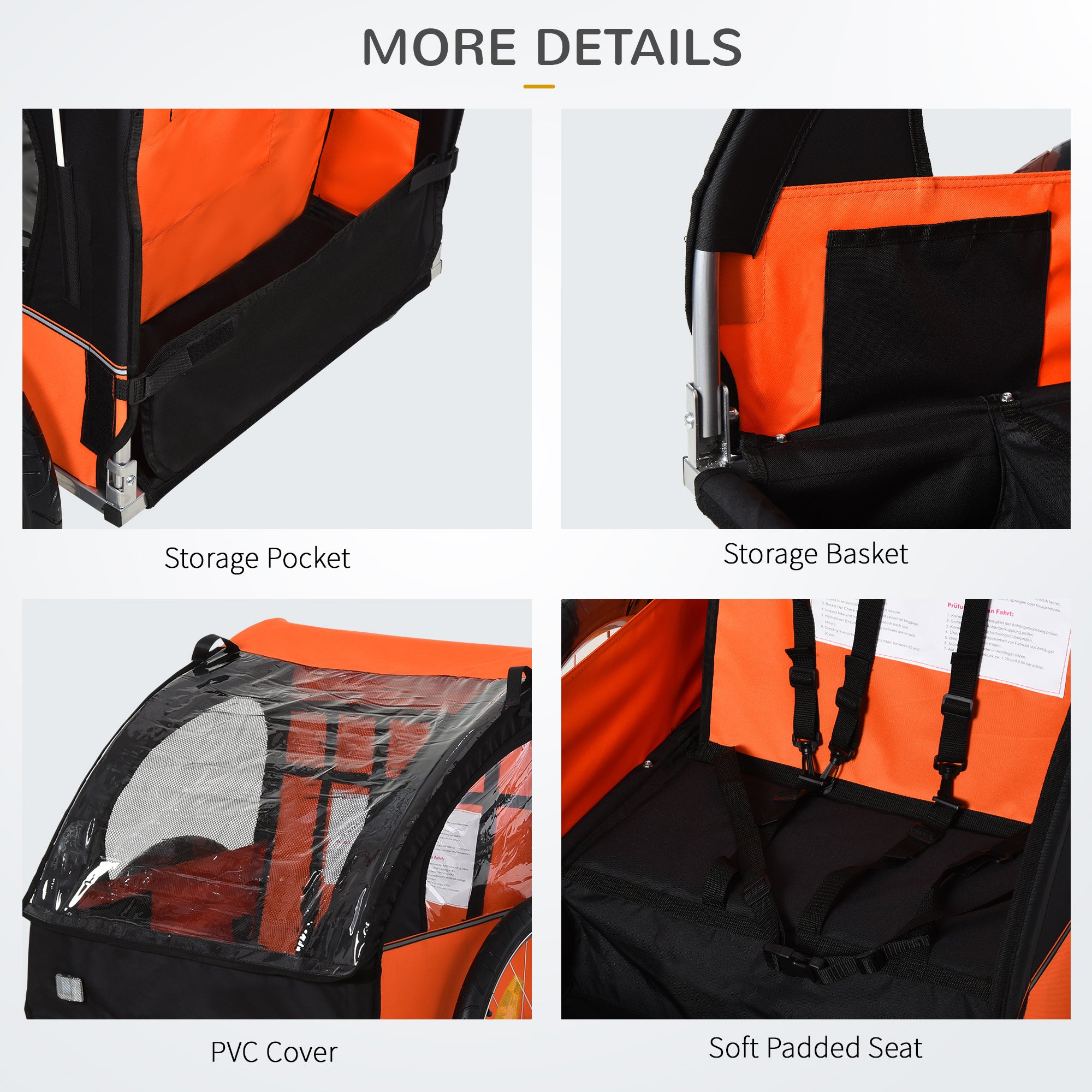 HOMCOM 2 Seat Bike Trailer Bicycle wagon for Kids Child Steel Frame Safety Harness Seat Carrier Orange Black 130 x 76 x 88 cm - North Peak Garden Furniture