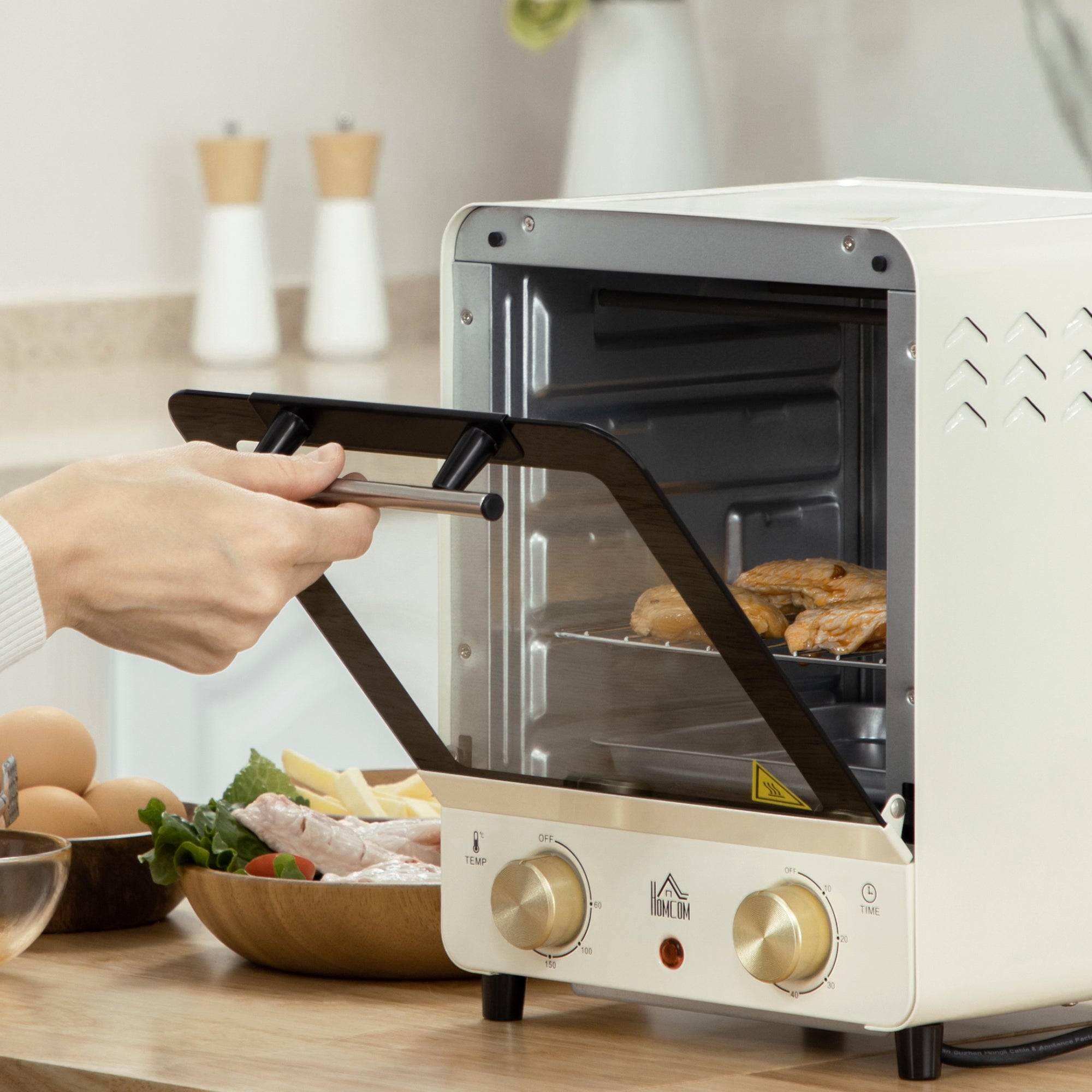 HOMCOM Mini Oven, 15 Litres Electric Oven and Grill with 60-230℃ Adjustable Temperature, 60 Minute Timer, Include Baking Tray, Wire Rack and Crumb Tray, 1000W, Cream White - North Peak Garden Furniture