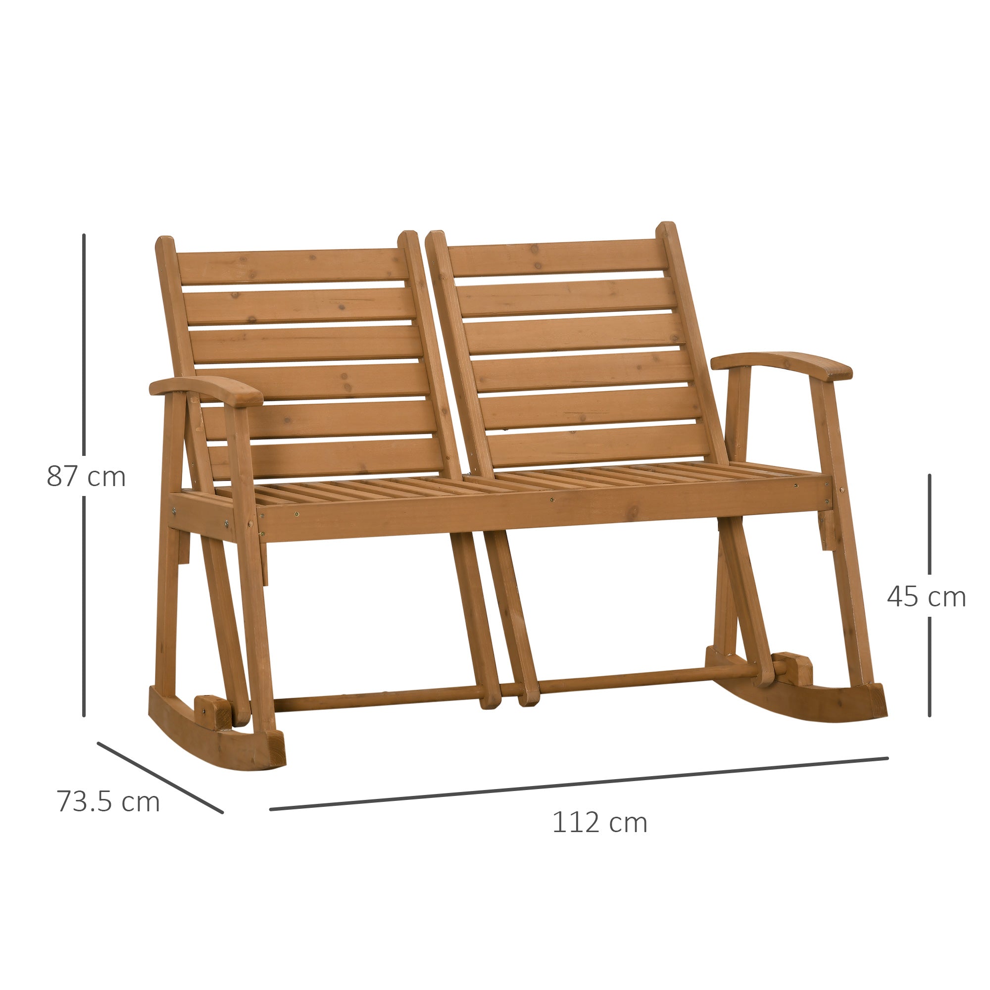 Outsunny Wooden Garden Rocking Bench with Adjustable Backrests, 2-Seater Rustic Rocking Chair Loveseat with Slatted Seat and Armrests