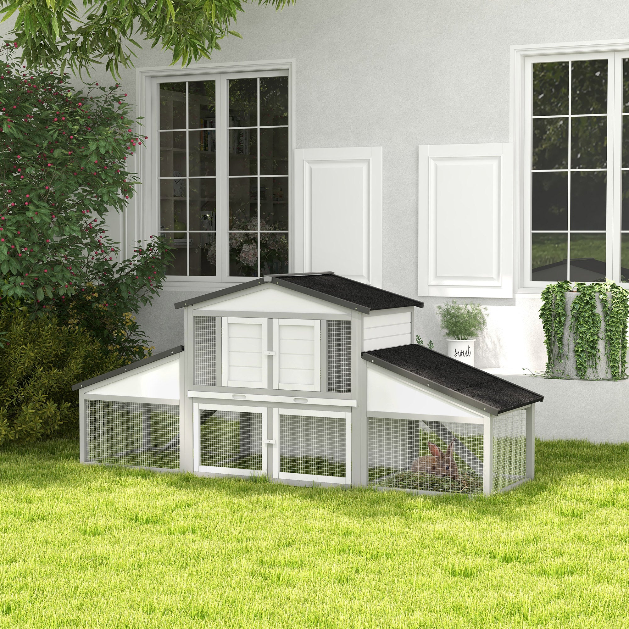 PawHut Large Rabbit Hutch with Run, Outdoor Bunny Cage, with Tray, Ramp - Light Grey - North Peak Garden Furniture