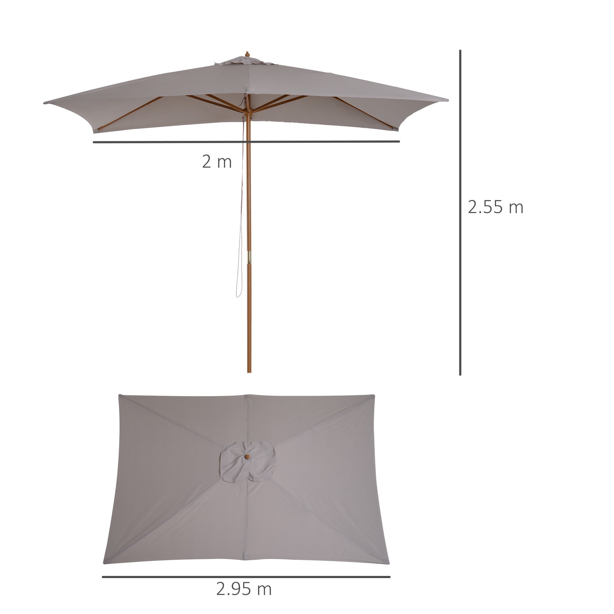 Outsunny 2 x 3m Wooden Garden Parasol Umbrella Outdoor Sun Shade Canopy, Light Grey - North Peak Garden Furniture