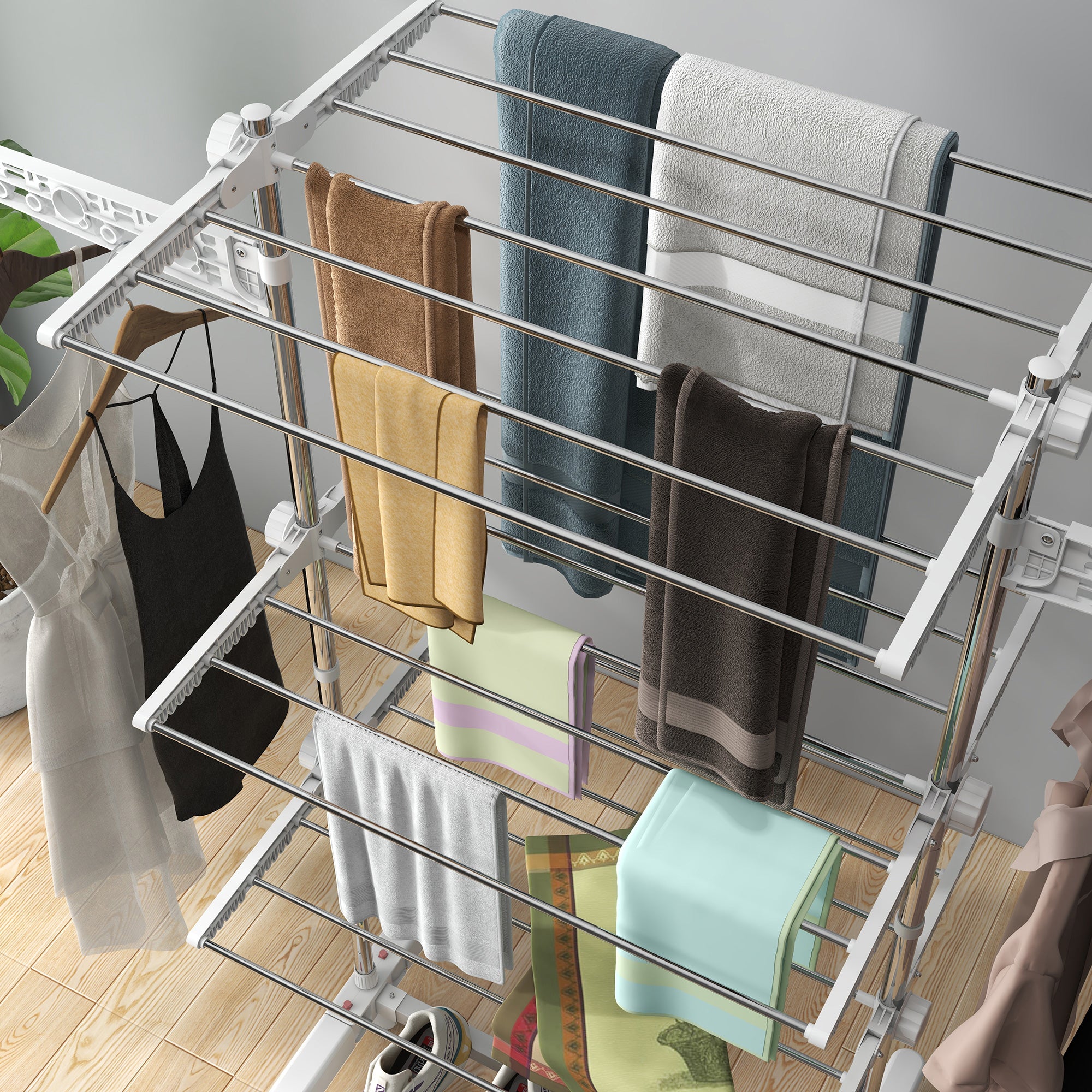 HOMCOM 3-Tier Clothes Airer, Foldable Clothes Drying Rack, Stainless Steel Indoor and Outdoor Clothes Dryer with Wheels and Wings, Easy Assembly, 142 x 55 x 152cm, White - North Peak Garden Furniture