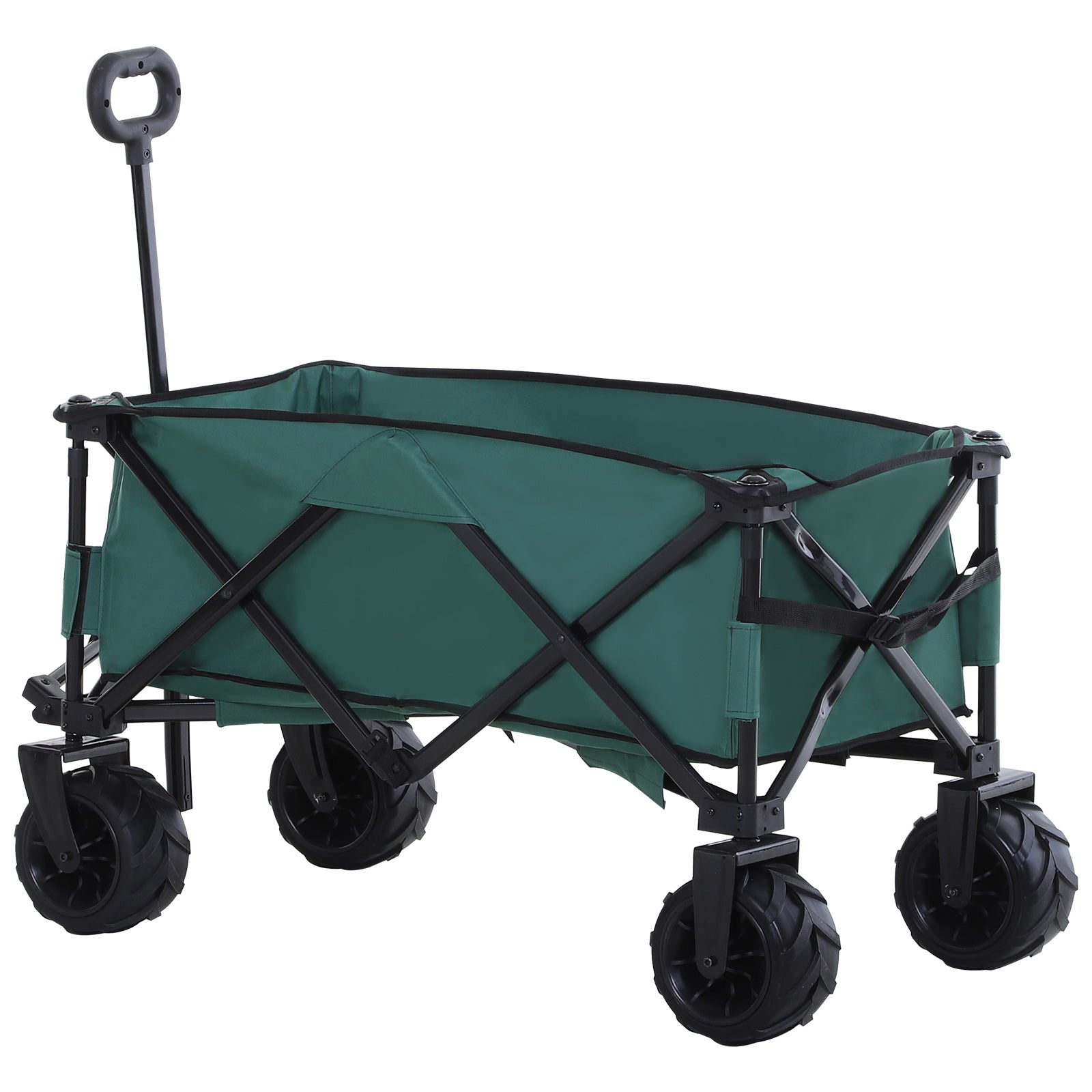 Outsunny Outdoor Folding Garden Trolley on Wheels, Pull Along Camping Cart, Cargo Wagon Trailer with Telescopic Handle, Big Wheels for Beach Garden, Green - North Peak Garden Furniture