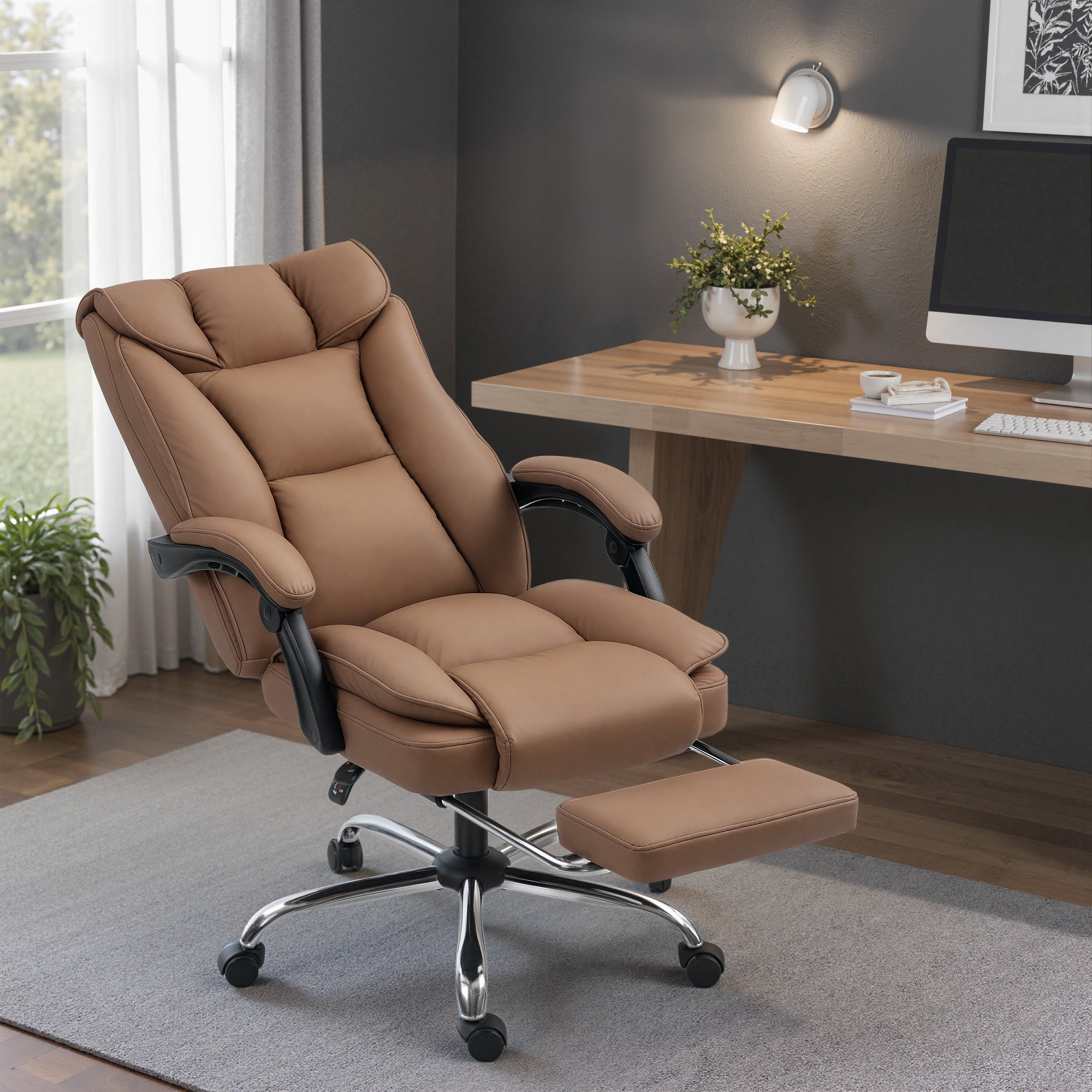 HOMCOM 155° Reclining Faux Leather Swivel Office Chair - Brown