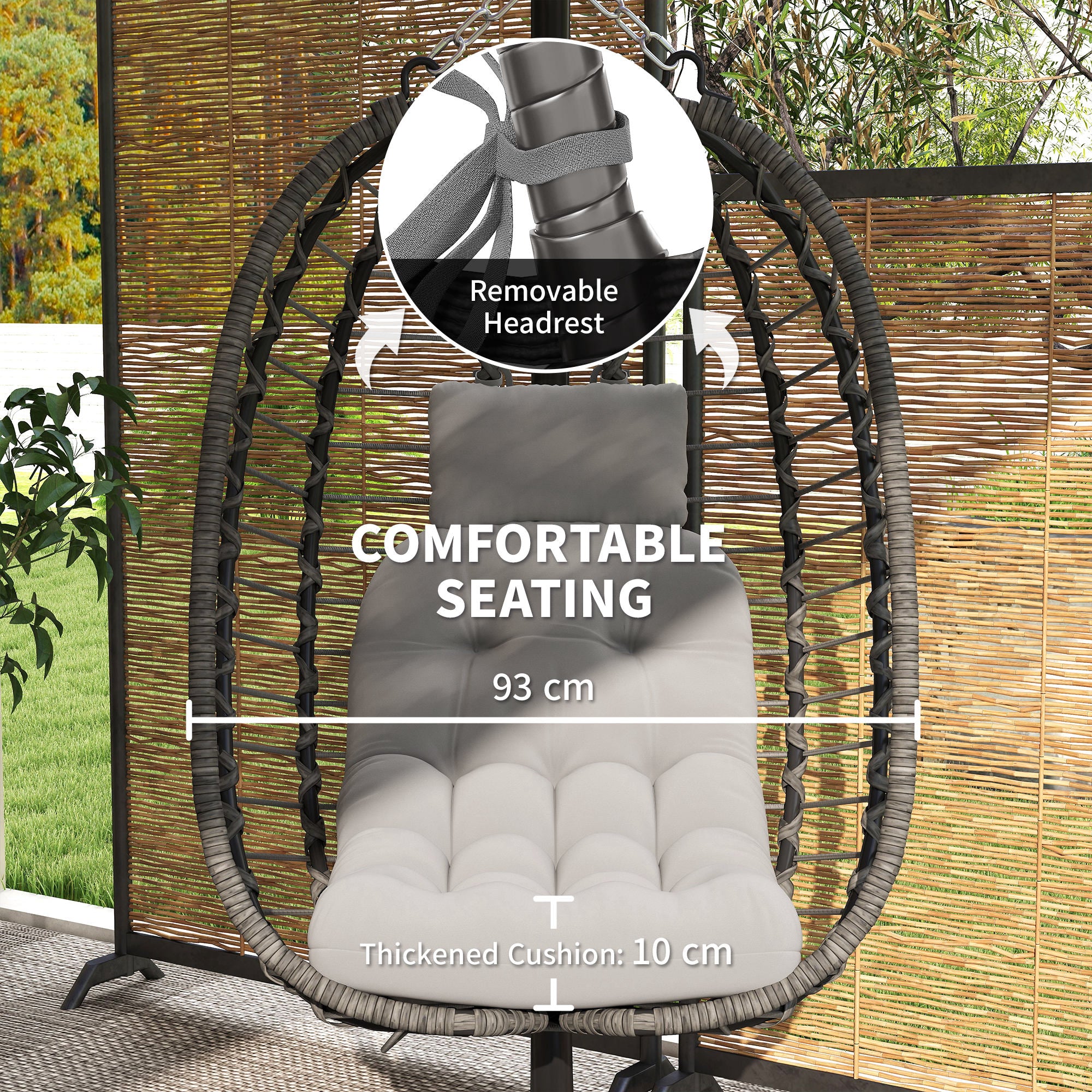 Outsunny Rattan Hanging Egg Chair, Foldable Wicker Hammock Swing Chair with Cushion, Stand, Adjustable Height, Head Pillow, Steel Frame for Garden Patio Indoor Outdoor, Light Grey - North Peak Garden Furniture