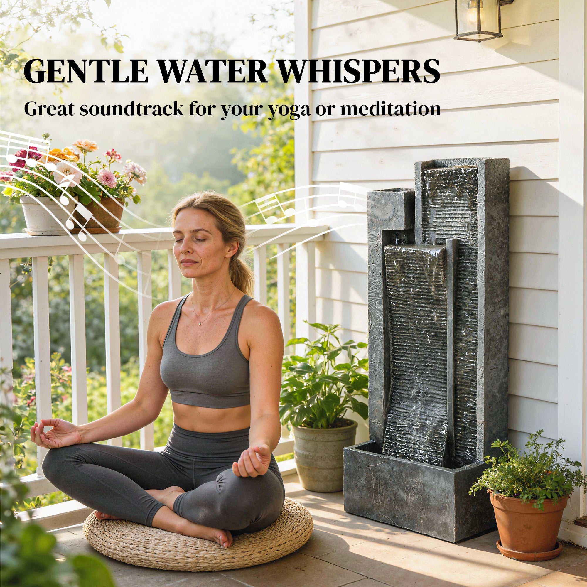 Outsunny Water Feature with LED Lights and Planter, 3-Tier Garden Water Fountain with Pump, Resin Waterfall Feature, Dark Grey