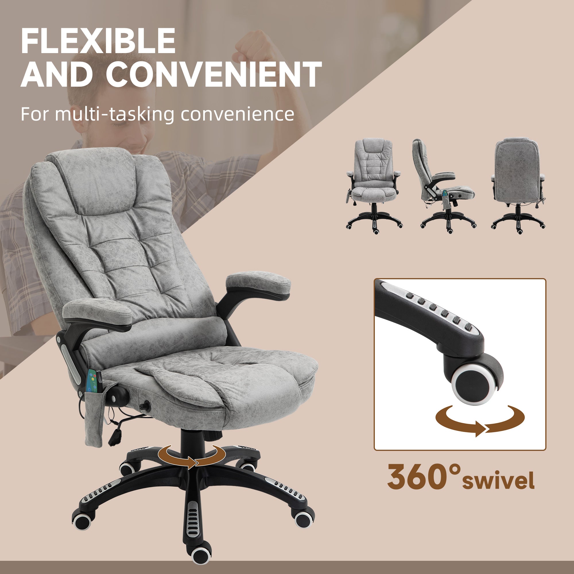 Vinsetto Massage Recliner Chair Heated Office Chair with Six Massage Points Microfiber Cloth 360° Swivel Wheels Grey - North Peak Garden Furniture