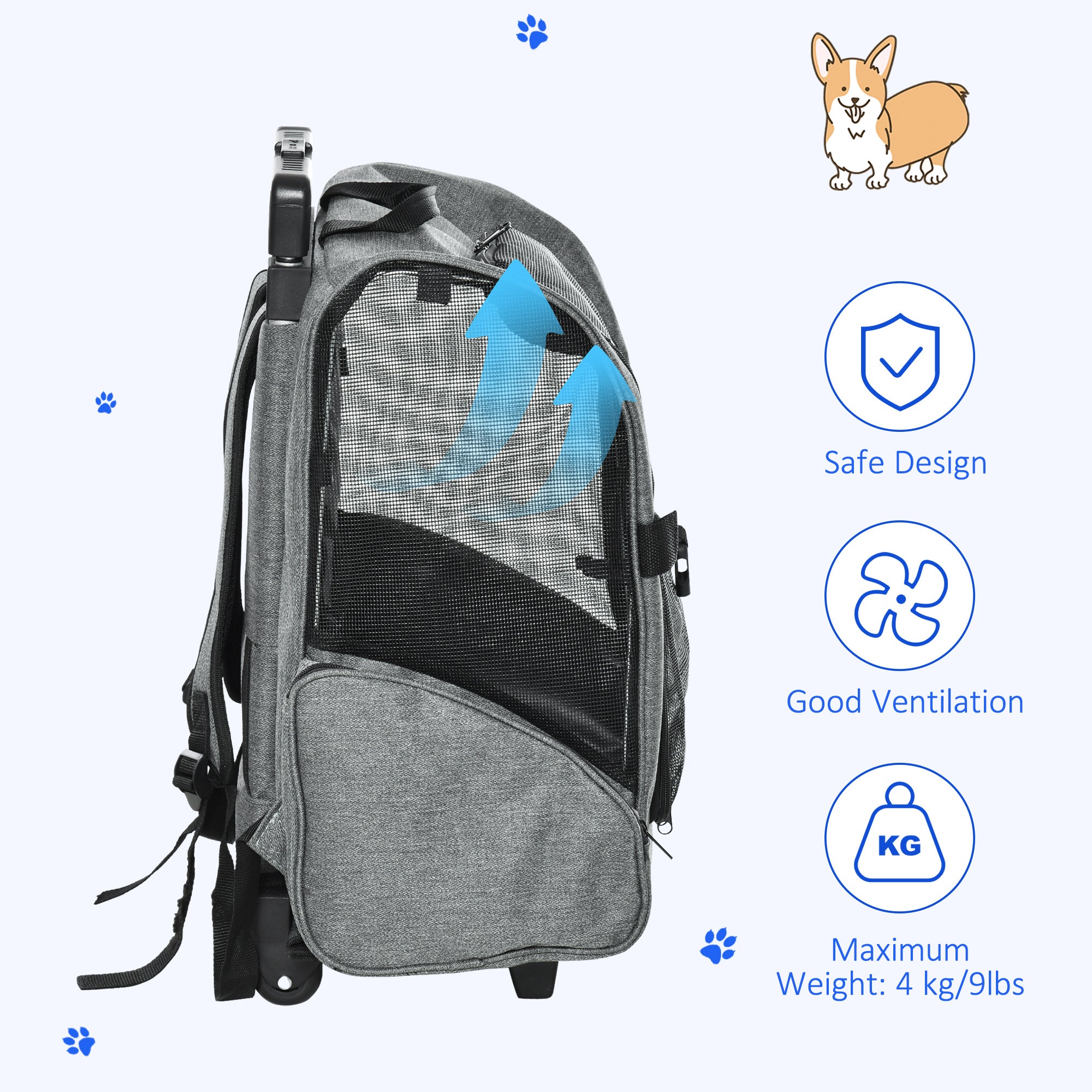 PawHut Pet Travel Backpack Bag Cat Puppy Dog Carrier w/ Trolley and Telescopic Handle Portable Stroller Wheel Luggage Bag (Grey) - North Peak Garden Furniture