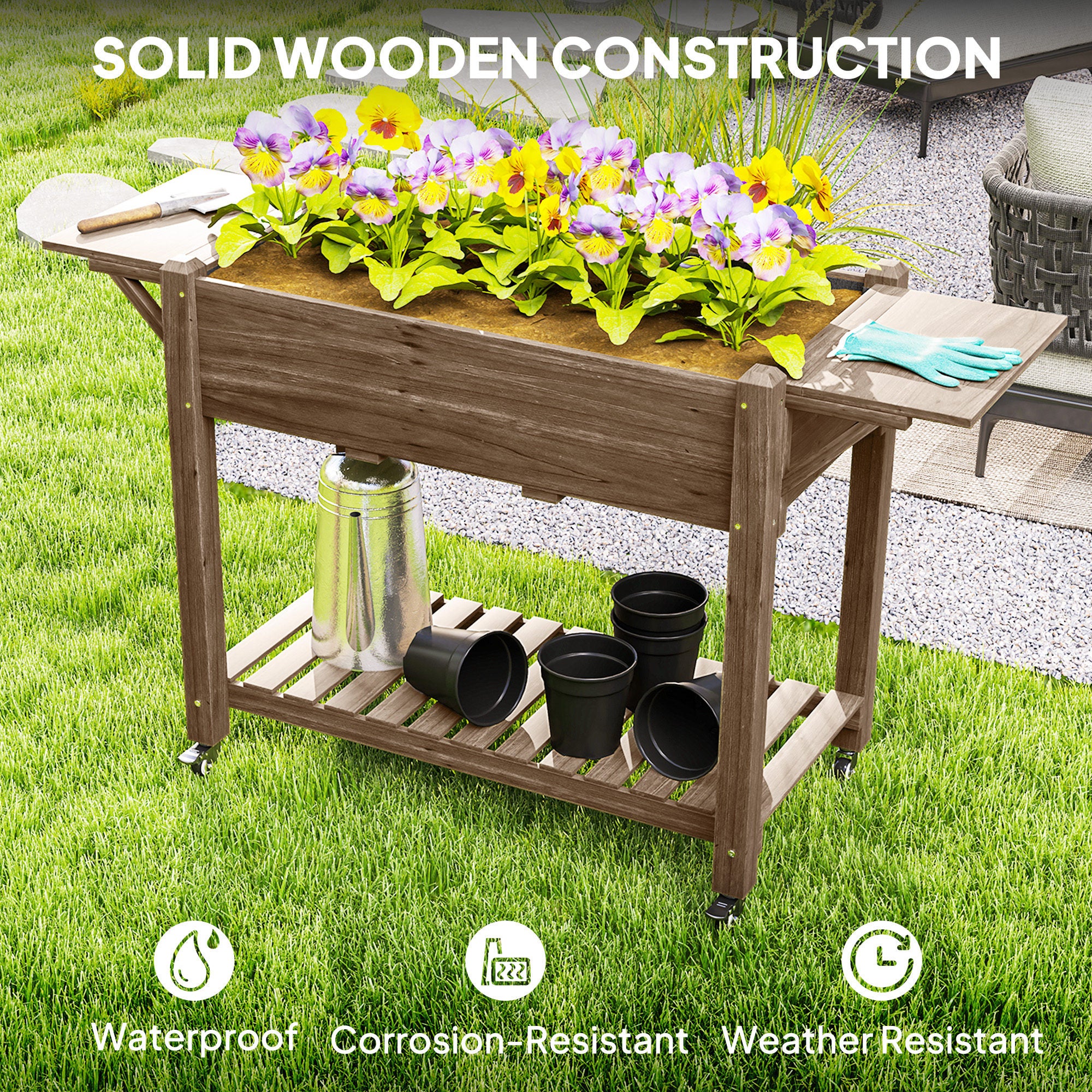 Outsunny 46 x 94cm Wooden Raised Planter, with Shelves - Carbonised - North Peak Garden Furniture