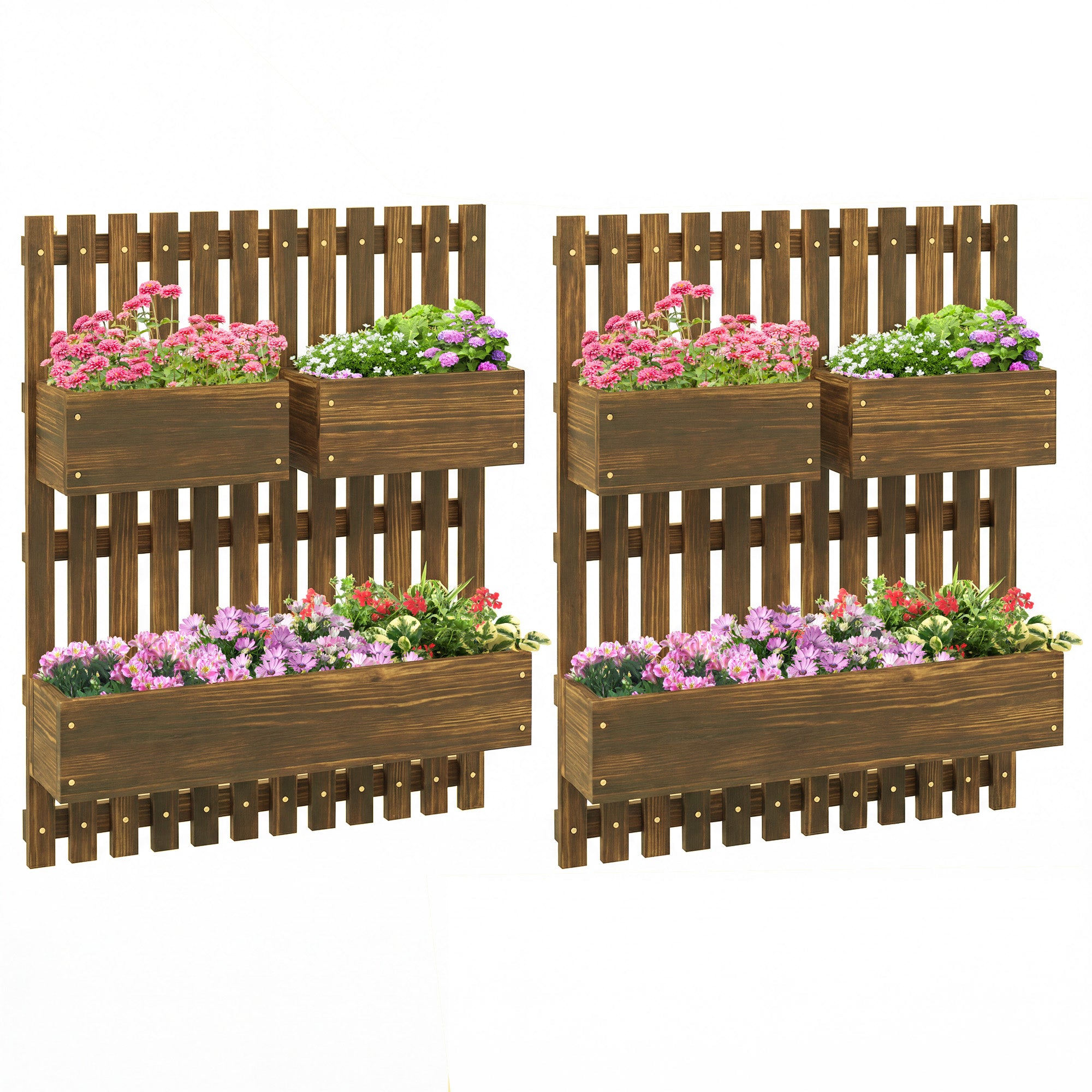 Outsunny Set of 2 Wall-mounted Wooden Garden Planters with Trellis, Drainage Holes and Movable Planter Boxes, Wall Raised Garden Bed for Patio, Carbonised