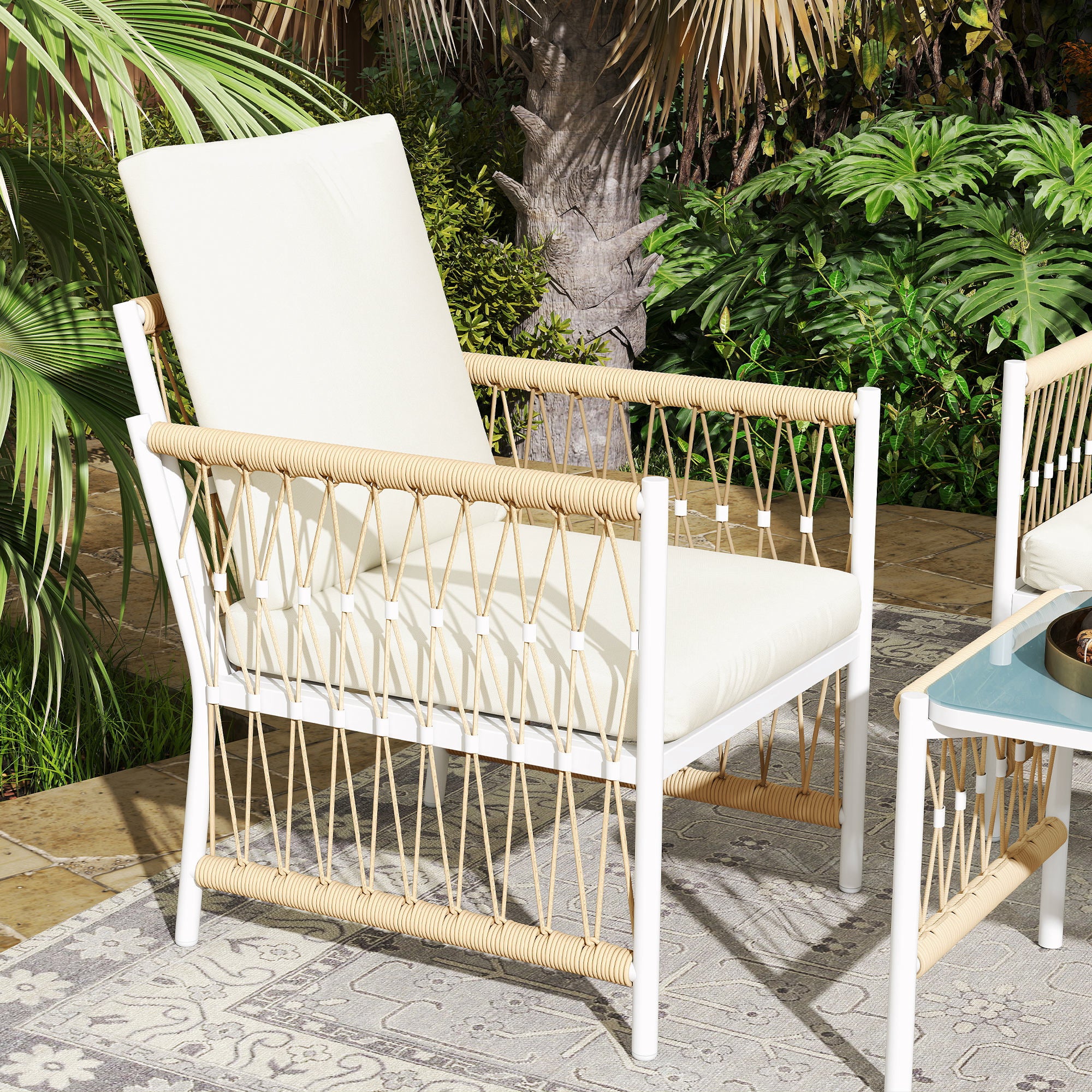 Outsunny 4 Piece Rattan Garden Furniture Set, 4 Seater Wicker Patio Conversation Set with 2 Armchairs, Loveseat, Glass Top Coffee Table and Cushions for Outdoor, Balcony, Khaki - North Peak Garden Furniture