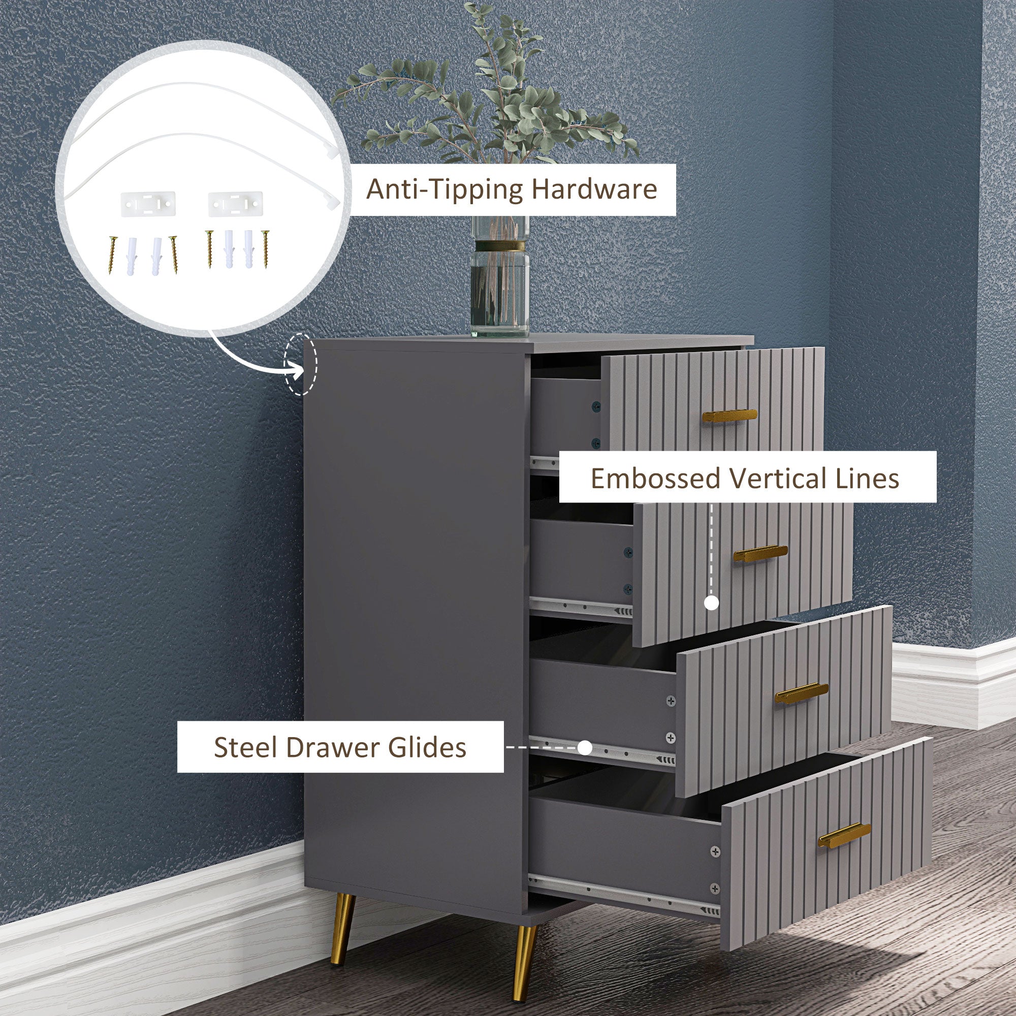 HOMCOM Four Drawer Embossed Line Dresser - Grey/Gold Tone - North Peak Garden Furniture