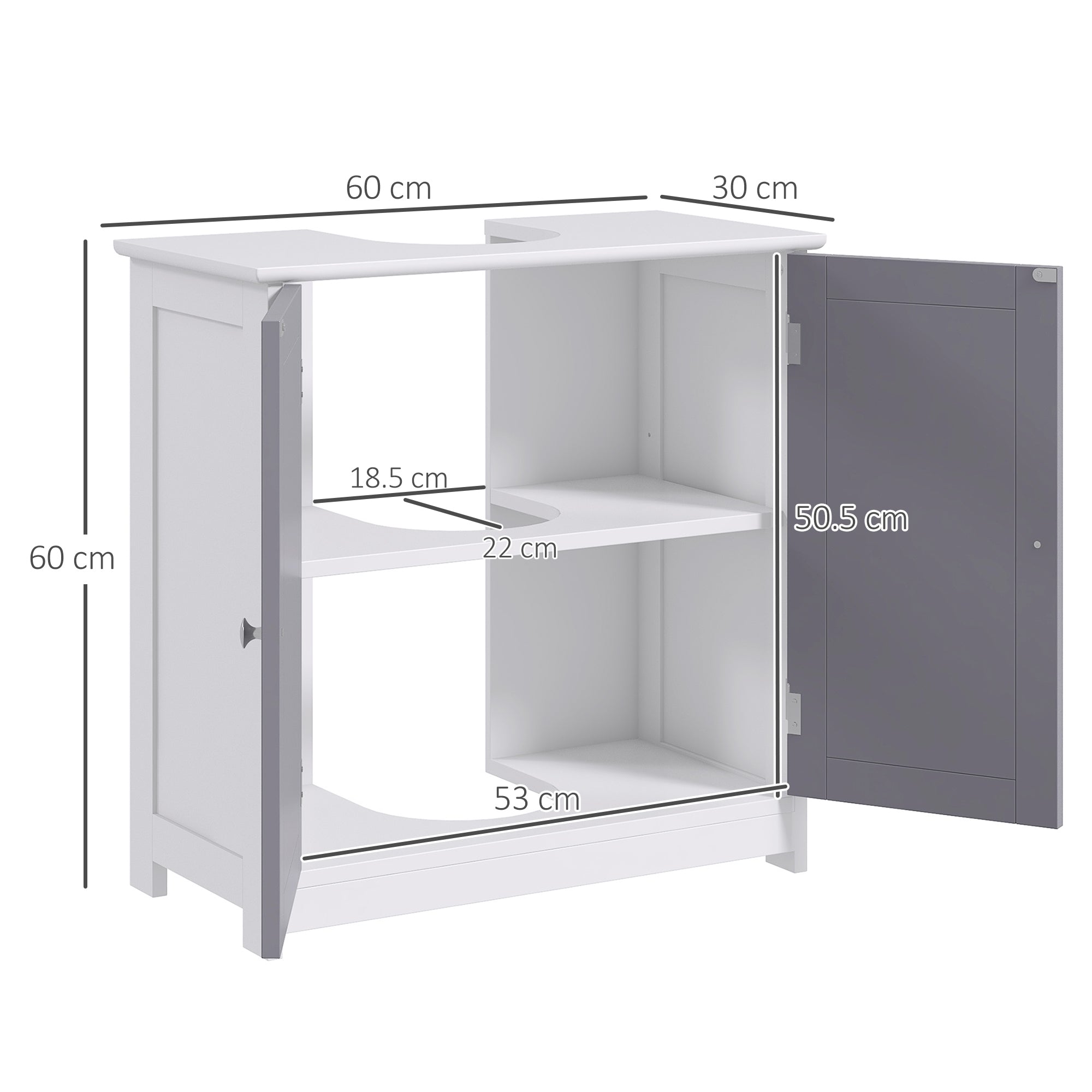 kleankin 60x60cm Under-Sink Storage Cabinet w/ Adjustable Shelf Handles Drain Hole Bathroom Cabinet Space Saver Organizer White and Grey - North Peak Garden Furniture