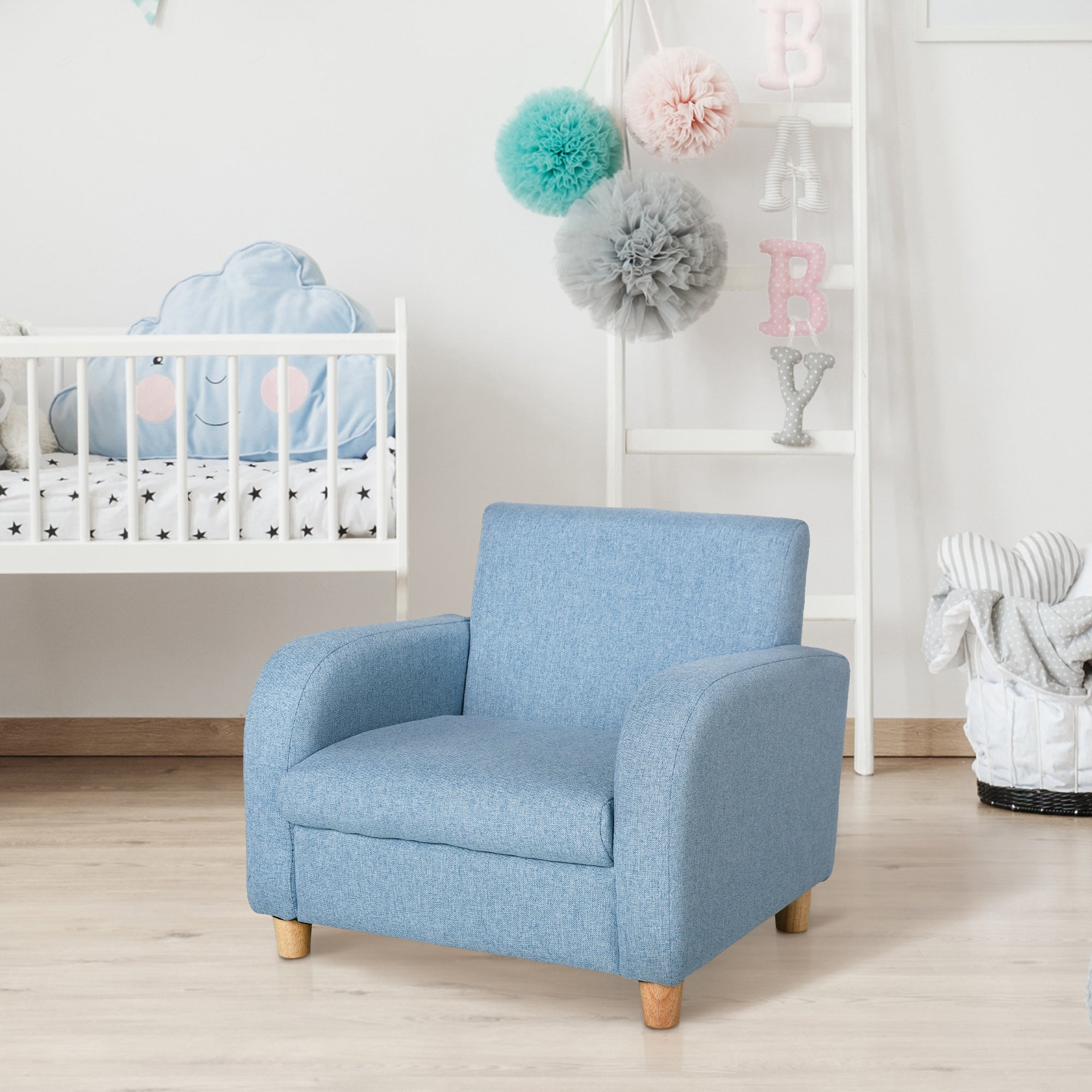 HOMCOM Children's Armchairs Toddler Chair Wood Frame Anti-Slip Legs High Back Bedroom Playroom Furniture Blue - North Peak Garden Furniture