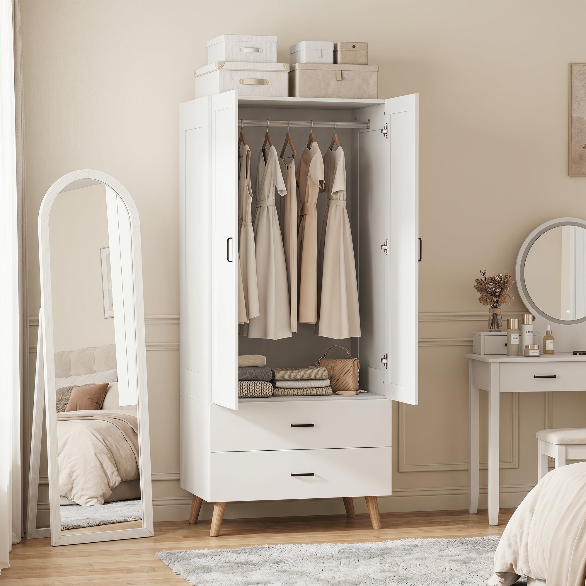 HOMCOM 2-Door Wardrobe, Modern Wardrobe with 2 Drawers and Hanging Rail for Bedroom, White