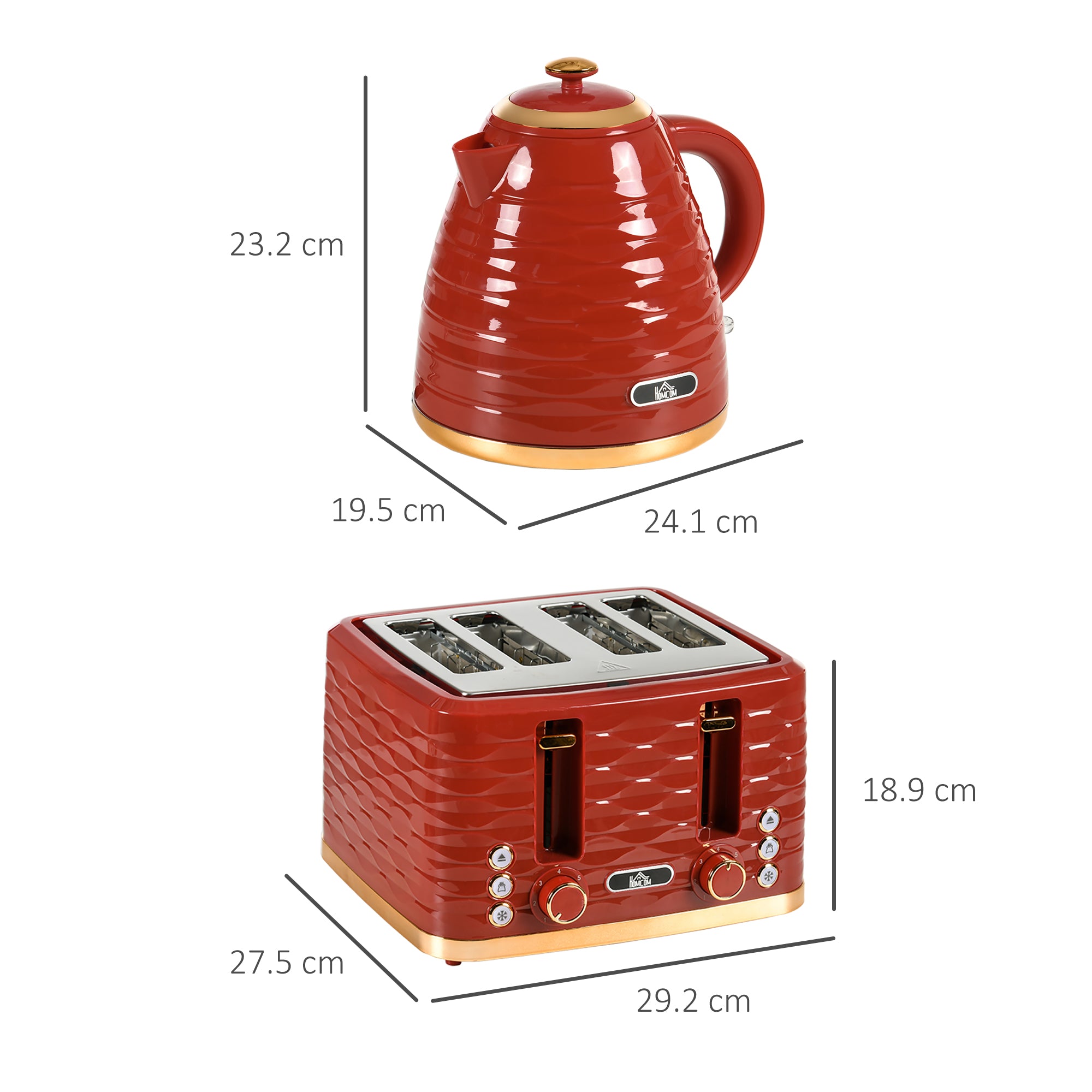 HOMCOM 3000W 1.7L Rapid Boil Kettle & 4 Slice Toaster, Kettle and Toaster Set with 7 Browning Controls and Crumb Tray, Red - North Peak Garden Furniture