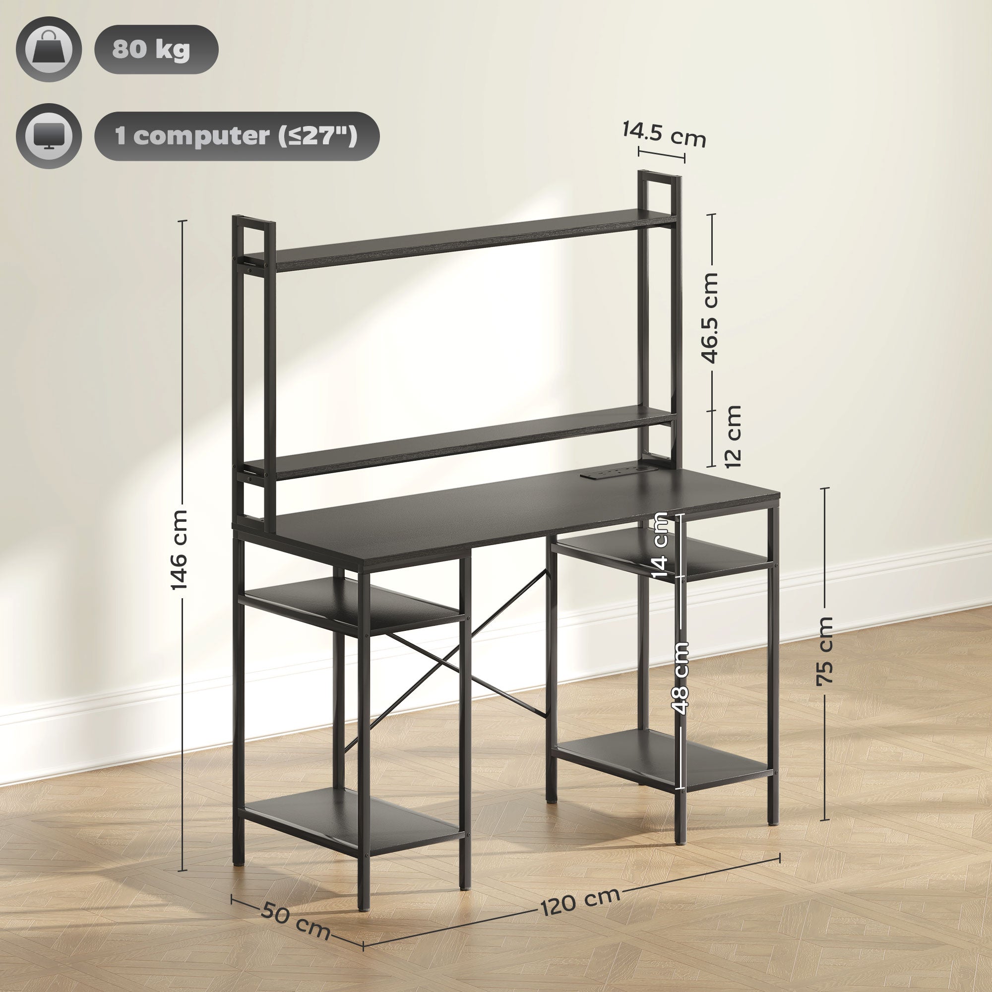 HOMCOM Computer Desk with Power Outlets and LED Lights, Home Office Desk with Monitor Stand and 2 CPU Stands, Study Table Gaming Desk with Hutch, Black - North Peak Garden Furniture