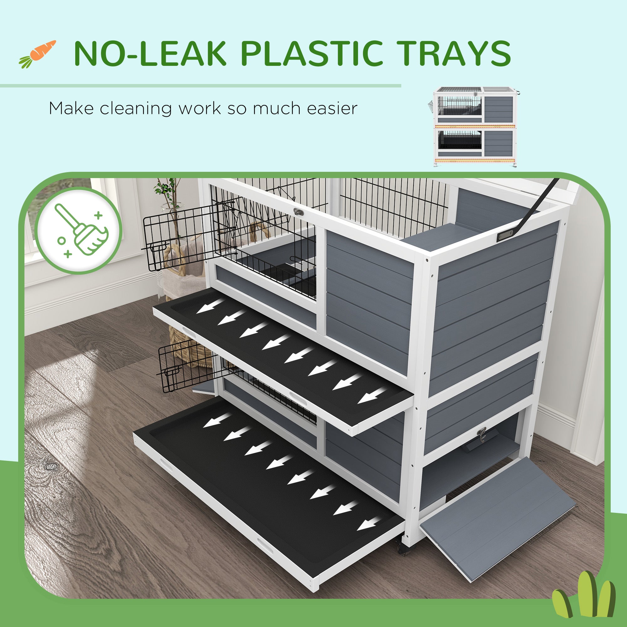 PawHut Double Deckers Guinea Pig Cage, Indoor Rabbit Hutch with Feeding Trough, Trays, Ramps, Openable Top - Grey - North Peak Garden Furniture