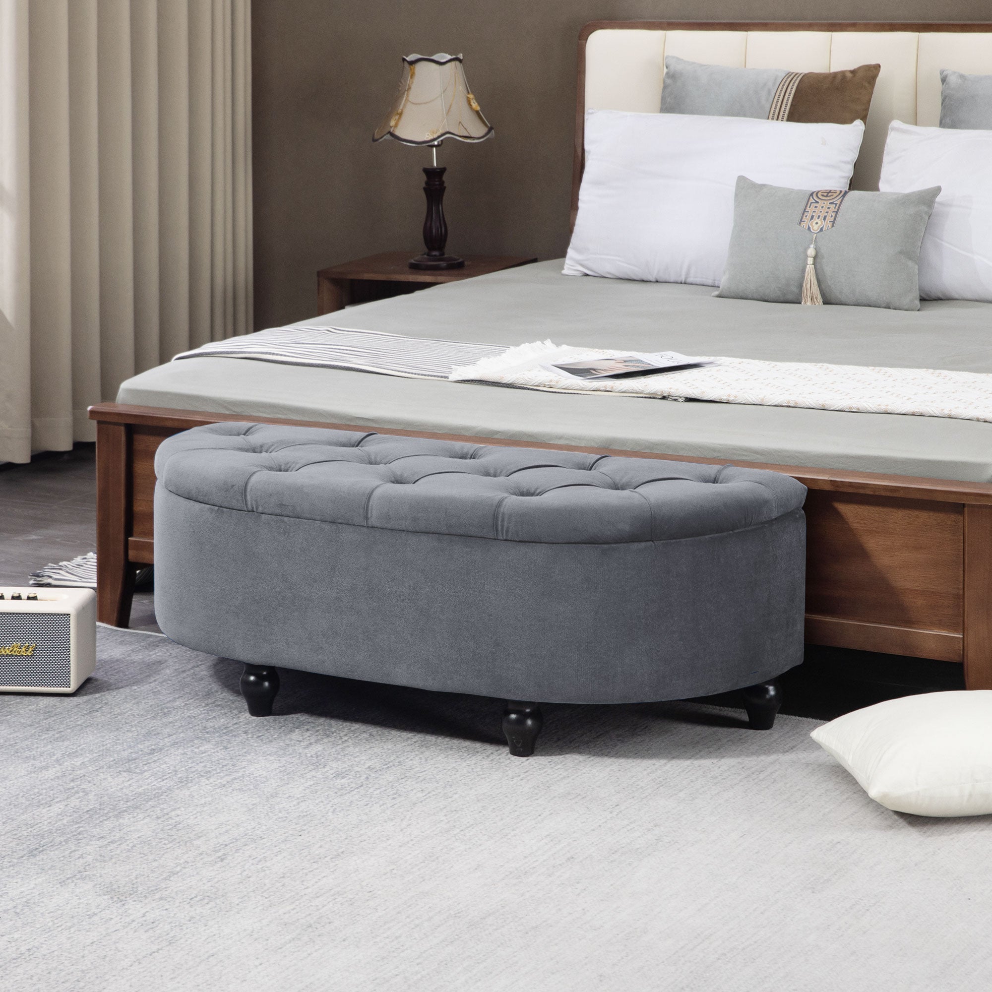 HOMCOM Velvet-Feel Half Circle Storage Ottoman - Dark Grey - North Peak Garden Furniture
