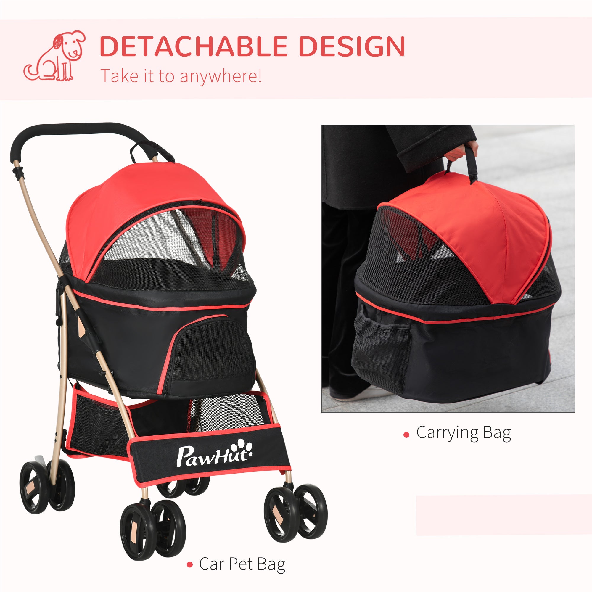 PawHut Detachable Pet Stroller with Rain Cover, 3 In 1 Cat Dog Pushchair, Foldable Carrying Bag w/ Universal Wheels, Brake, Canopy, Basket, Storage Bag for Small and Tiny Dogs - Red - North Peak Garden Furniture