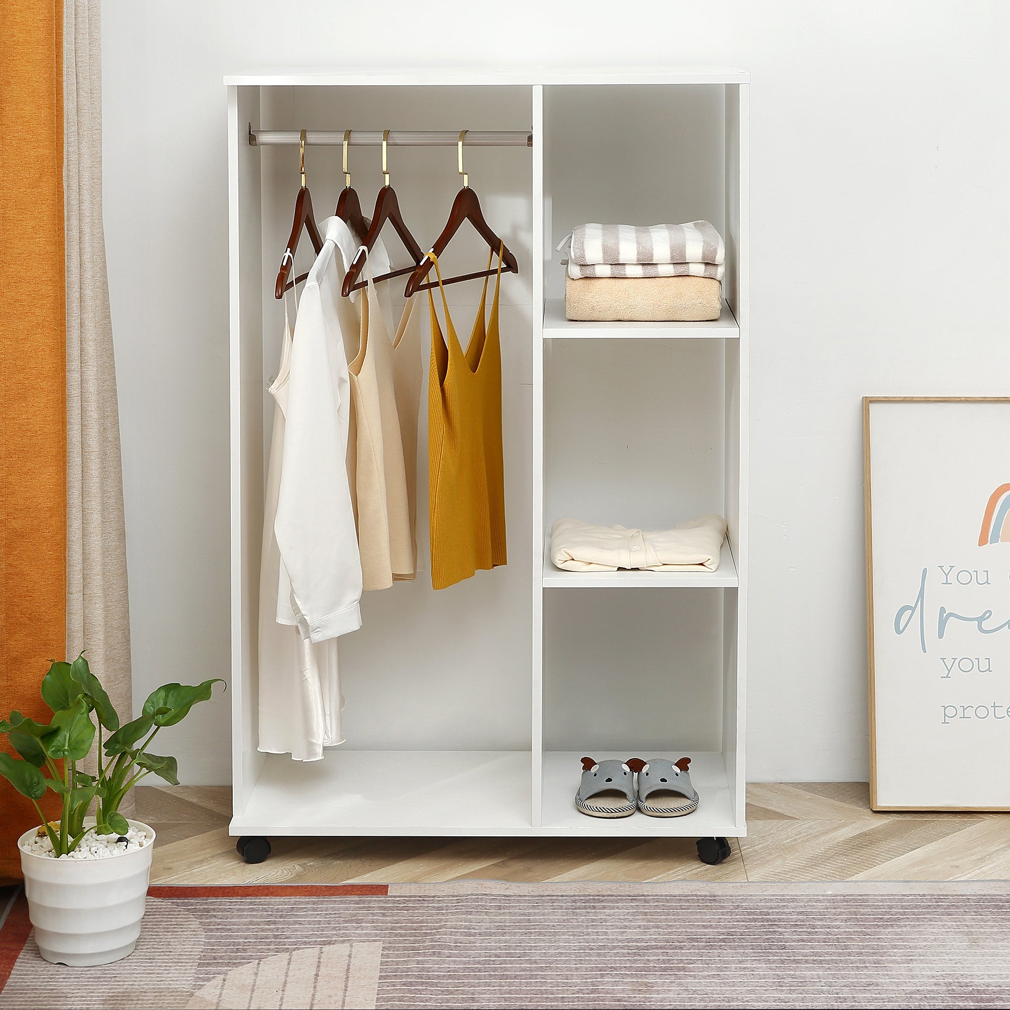 HOMCOM Open Wardrobe on Wheels with Clothes Rail, Bedroom Clothes Storage with Hanging Rod, 3 Storage Shelves, Mobile Garment Rack for Cloakroom, Hallway, White - North Peak Garden Furniture