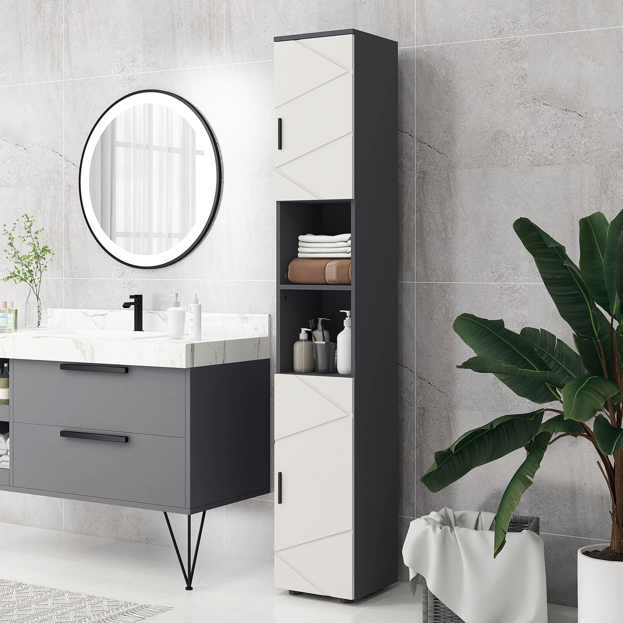 kleankin 183cm Tall Bathroom Cabinet, Narrow Bathroom Storage Cabinet with Open Shelves, 2 Doors Cabinets, Adjustable Shelves and Soft Close Mechanism, Grey - North Peak Garden Furniture
