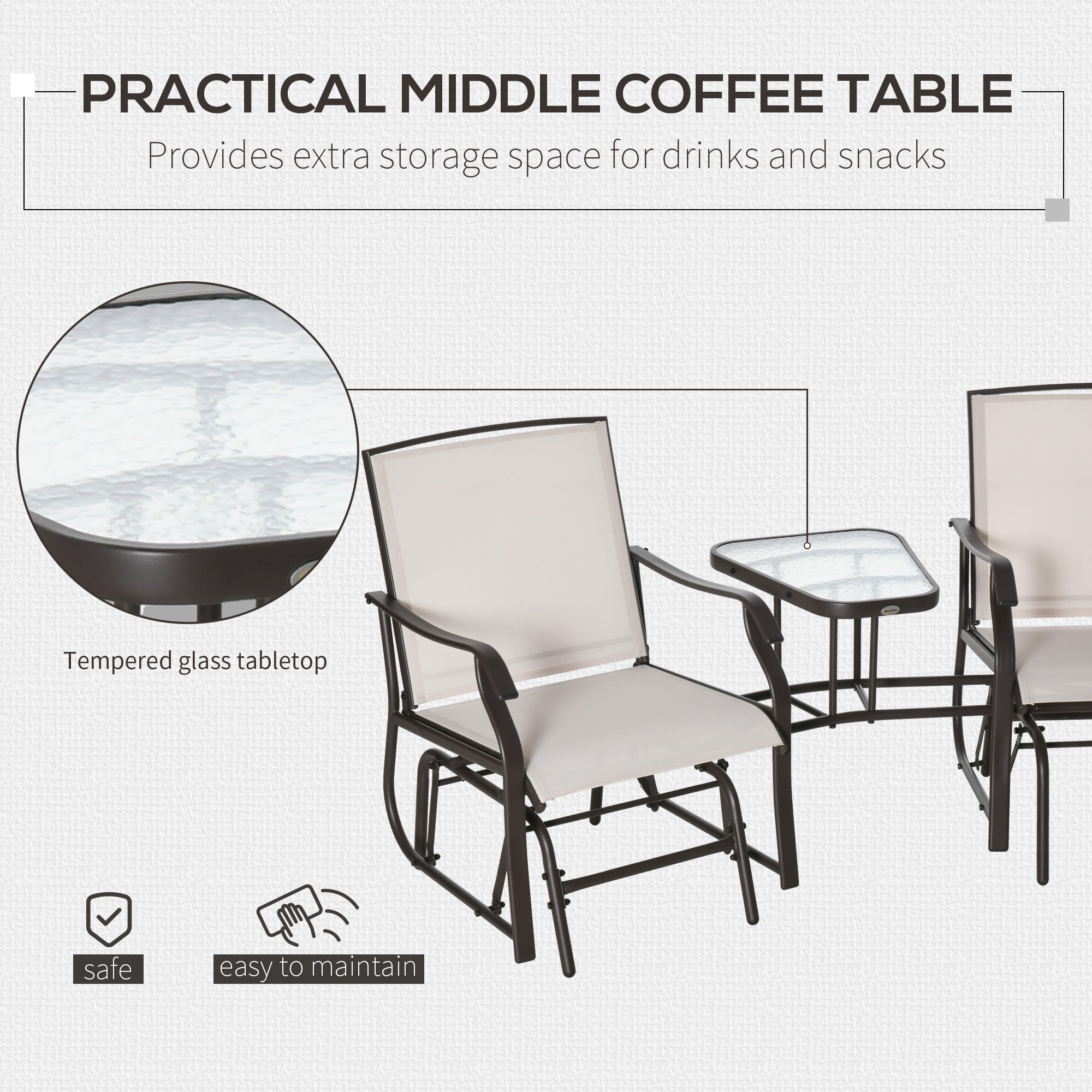 Outsunny Gliding Jack and Jill Seat, with Glass-Top Table - Brown/Beige - North Peak Garden Furniture