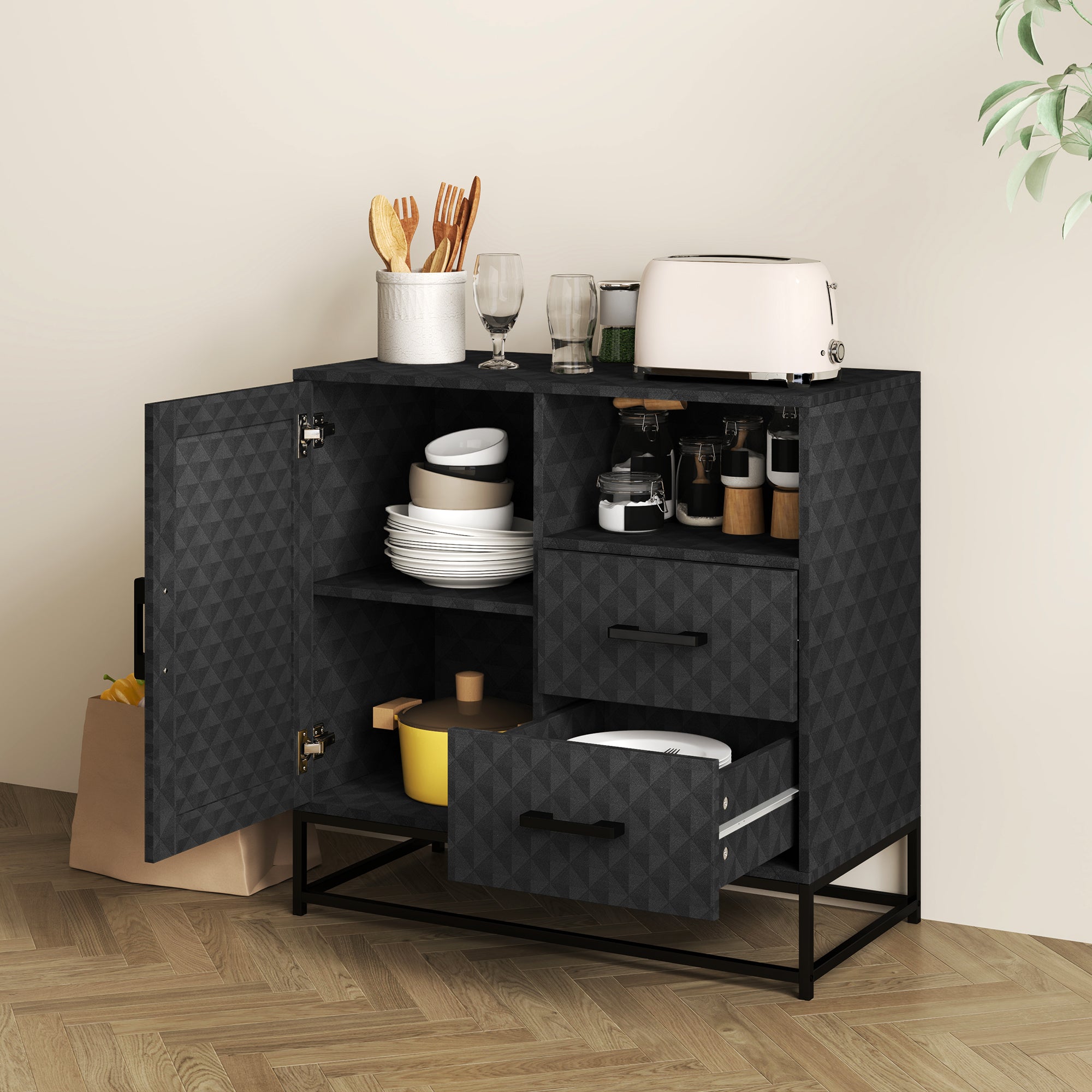 HOMCOM Sideboard with Adjustable Shelf, Freestanding Sideboard Storage Cabinet with Open Compartment and 2 Drawers, Black - North Peak Garden Furniture