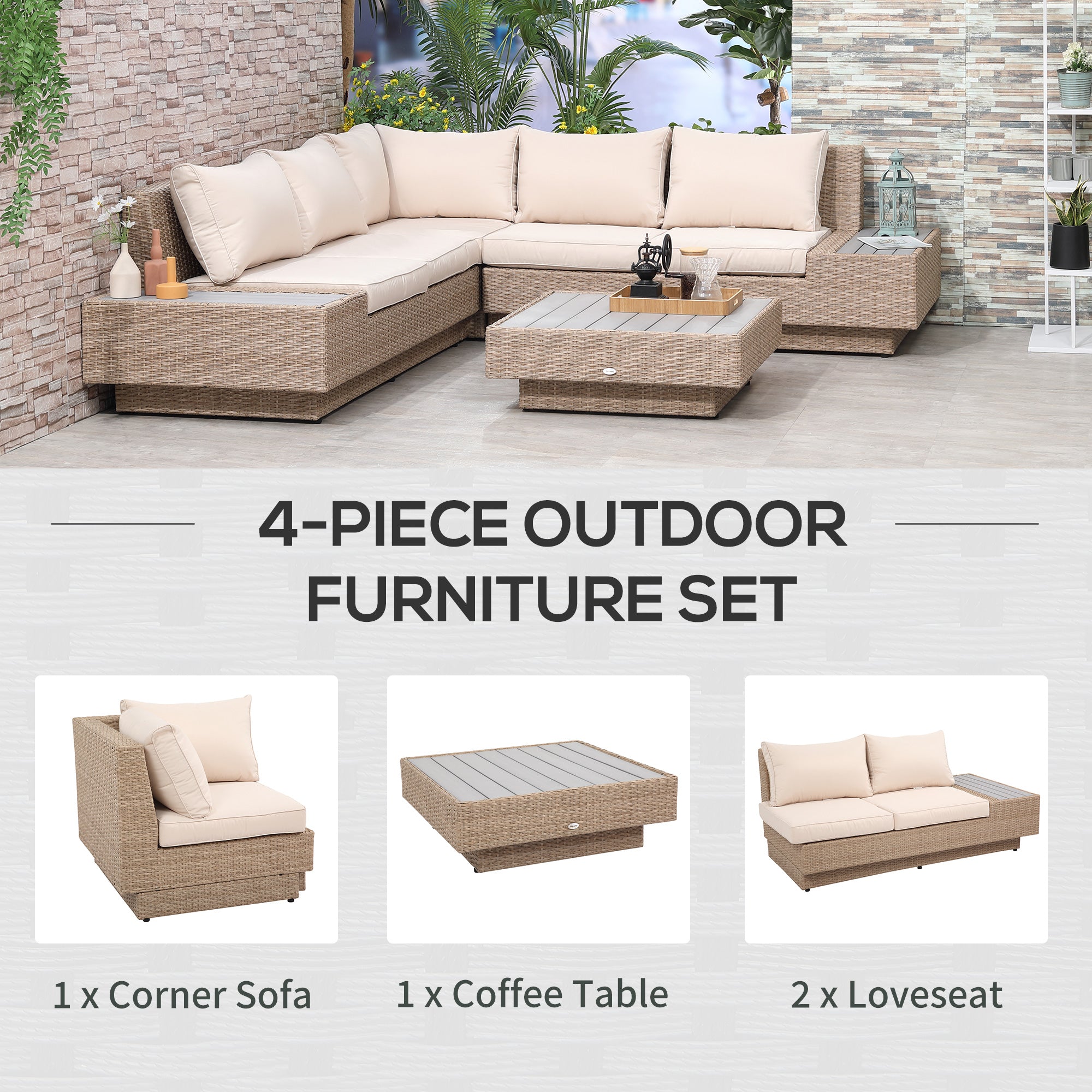Outsunny 4 Pieces Rattan Garden Furniture Set, Garden Corner Sofa with Side Trays, Wicker Conservatory Furniture Set with Loveseats, Slatted Plastic Top Coffee Table and Cushions, Beige