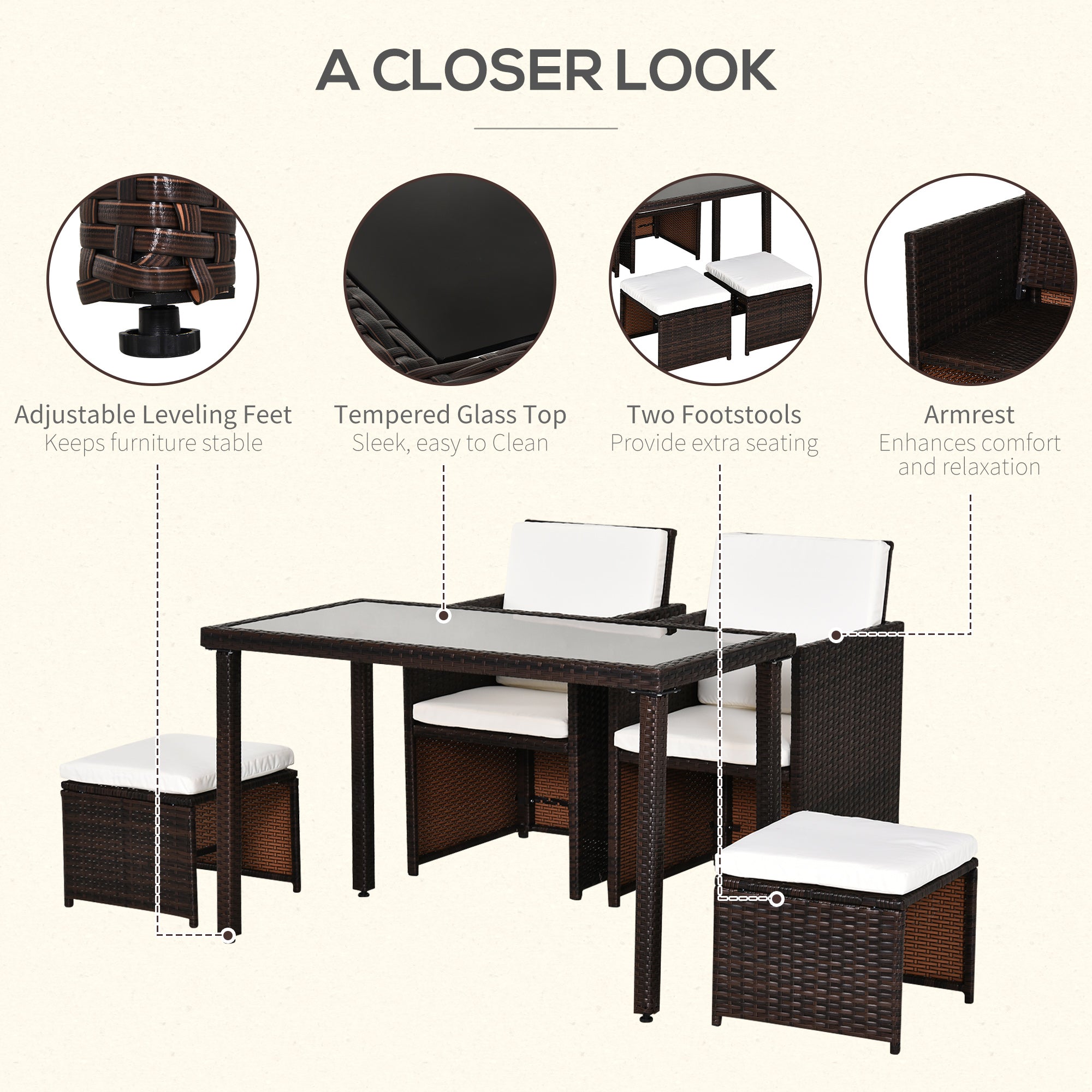 Outsunny 2 Seater Rattan Cube Garden Furniture Set, Rattan Dining Set with Cushions, Outdoor Dining Table and Chairs with 2 Armchairs, 2 Stools, Rectangular Glass Top Table for Patio, Balcony, Brown - North Peak Garden Furniture