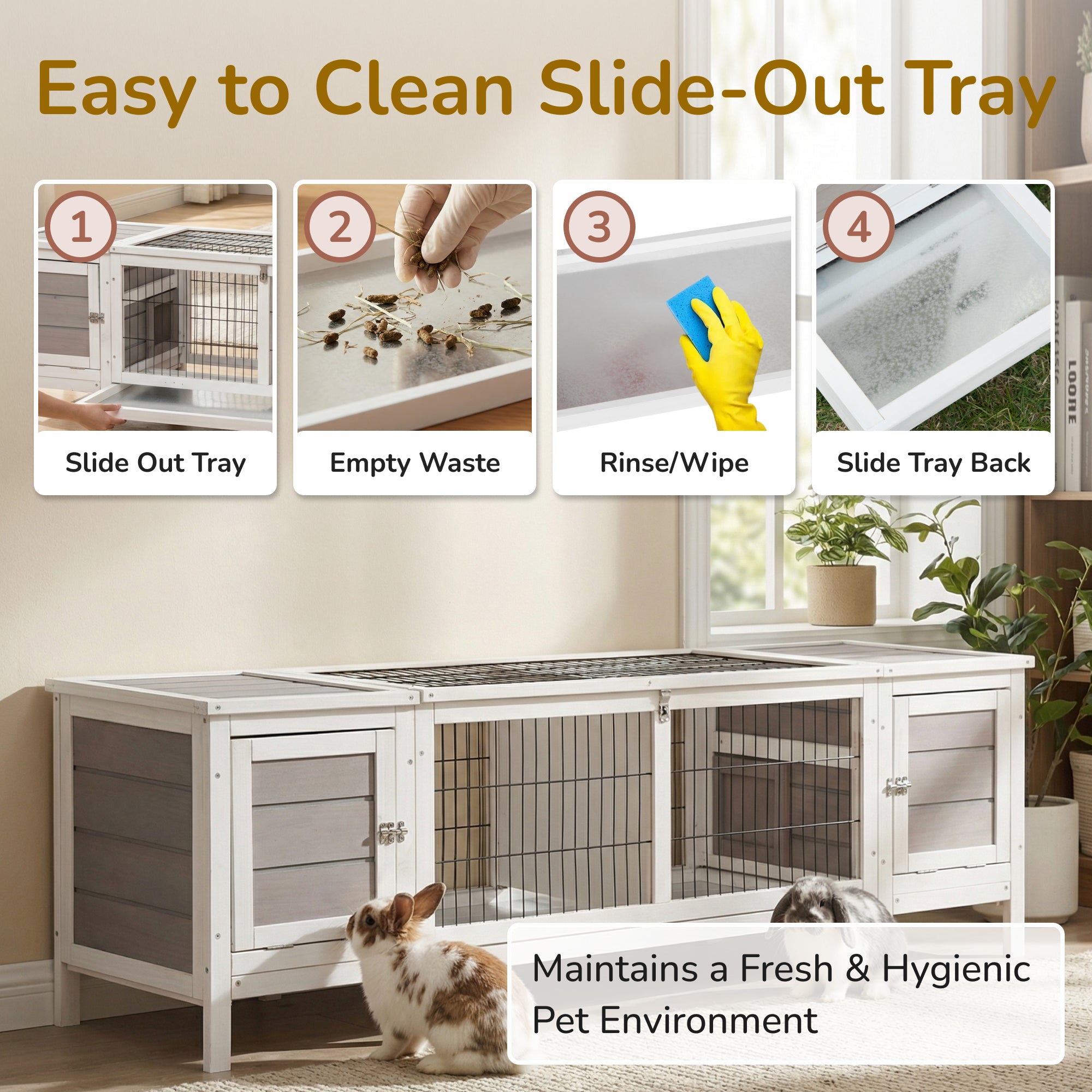 PawHut Rabbit Hutch and Run, with Removable Tray - Grey