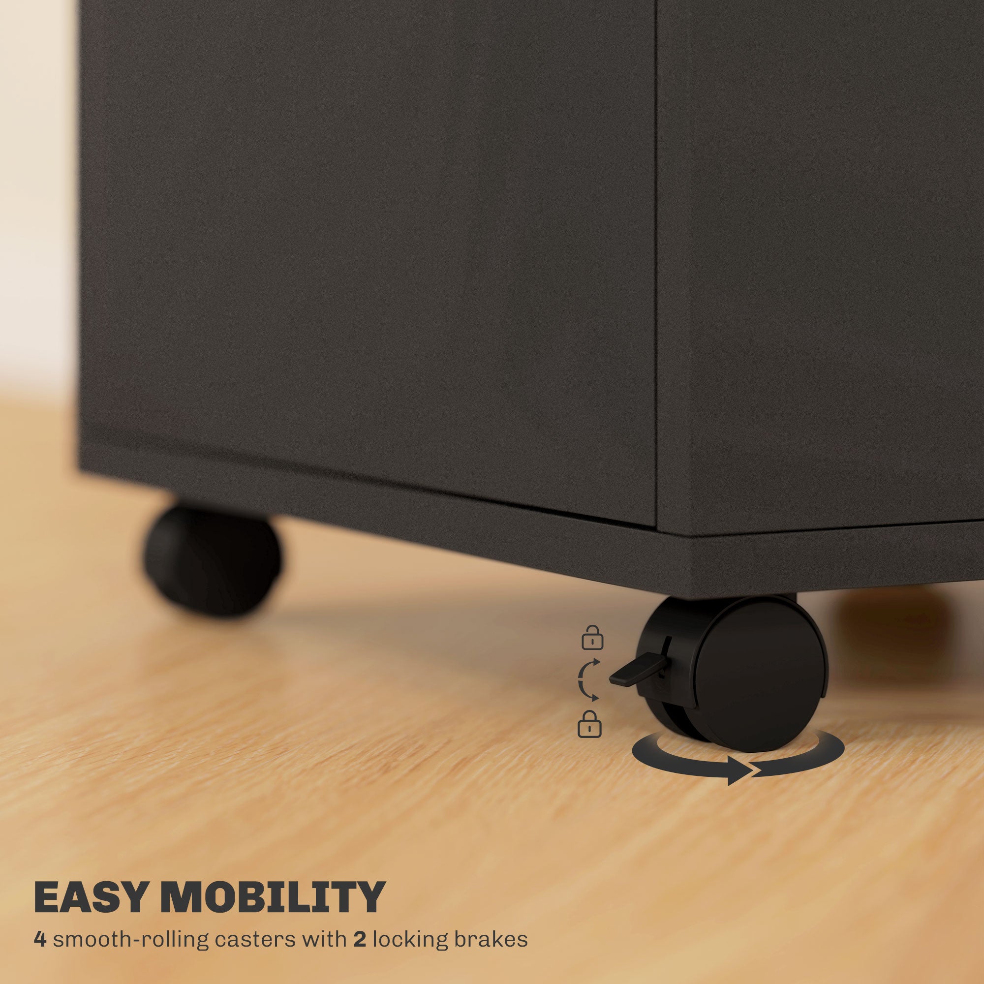 HOMCOM 60cm Filing Cabinet with Drawer, Open Shelf, Metal Handles and 4 Wheels, Office Home Organiser Mobile Printer with Two Locks, Black - North Peak Garden Furniture