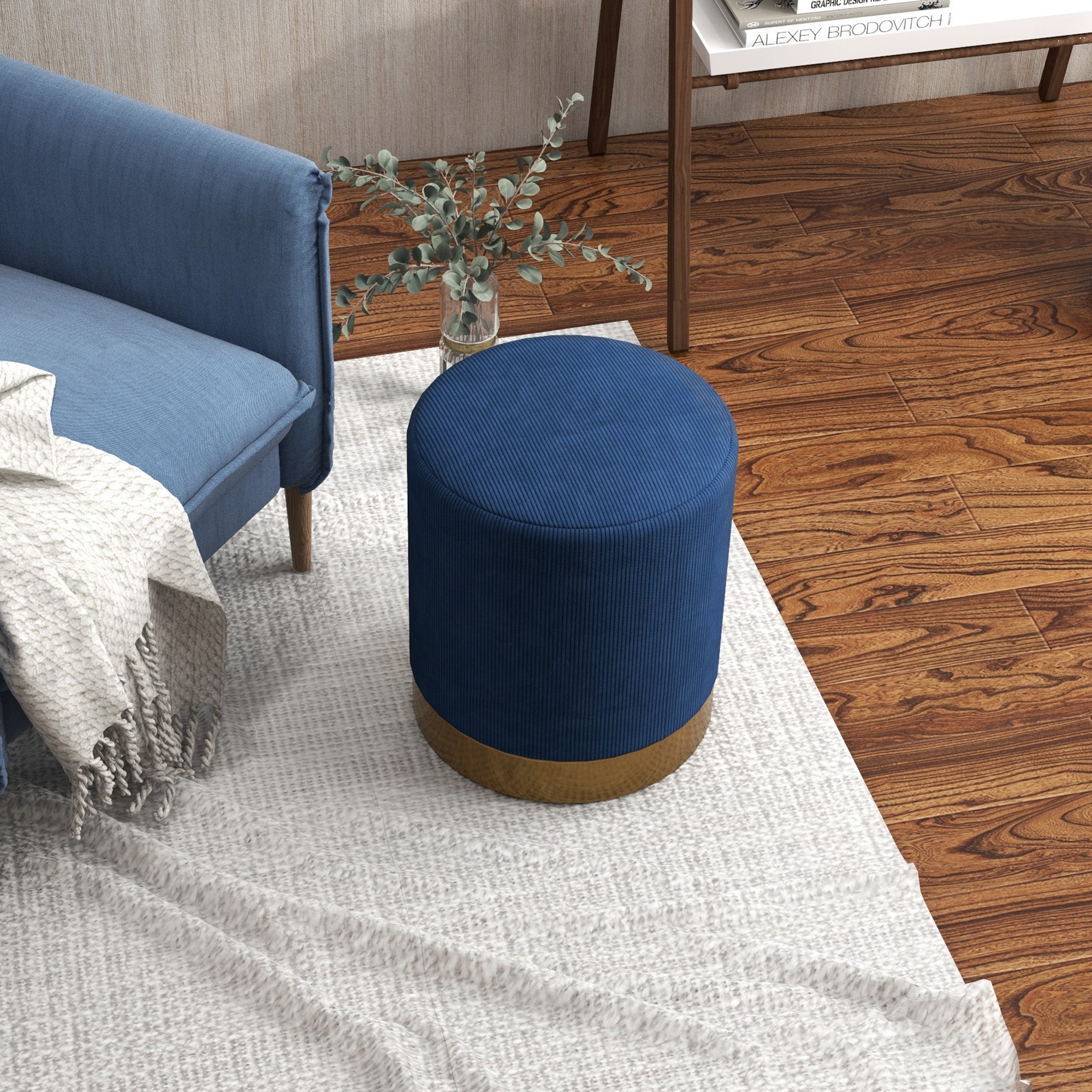 HOMCOM Soft Padded Corduroy Footstool - Dark Blue - North Peak Garden Furniture