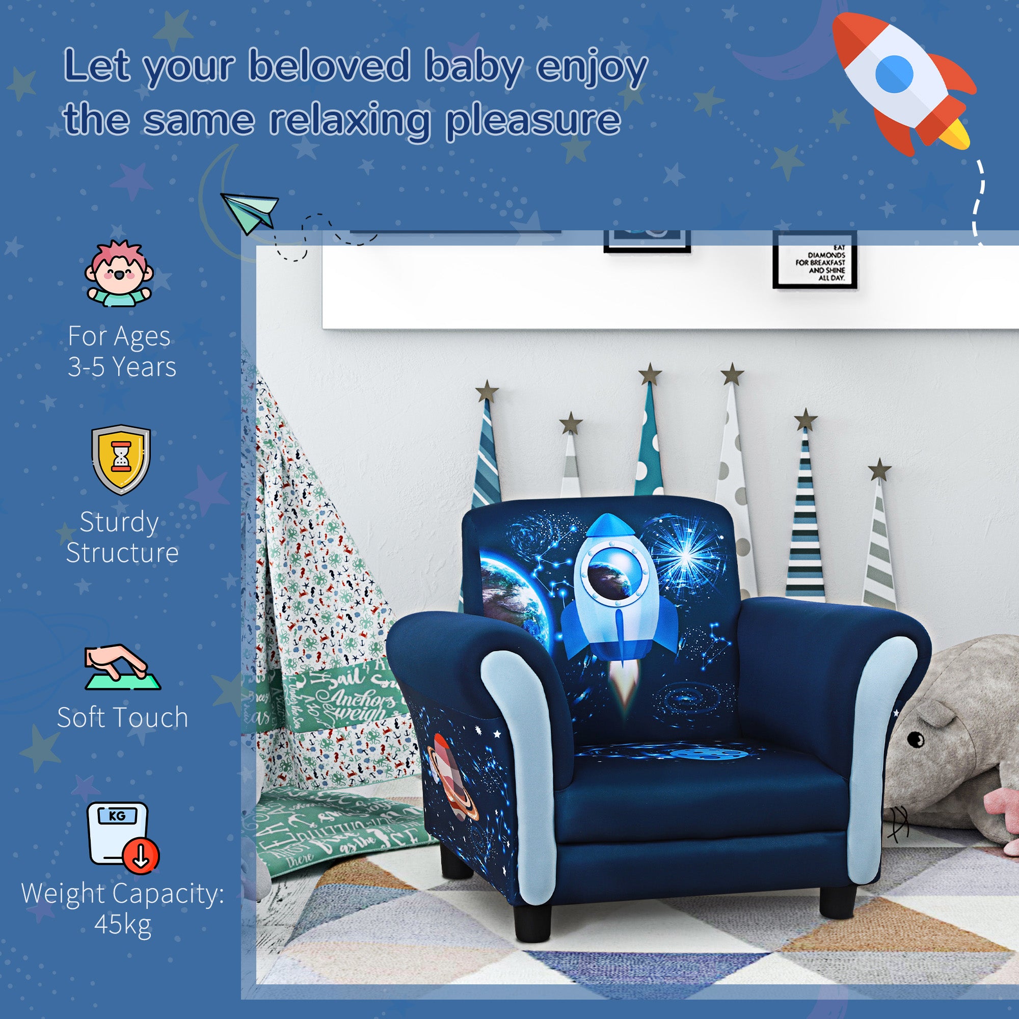HOMCOM Child Armchair Kids Mini Sofa Chair with Armrest, 59.5 x 43 x 46.5cm, Blue - North Peak Garden Furniture