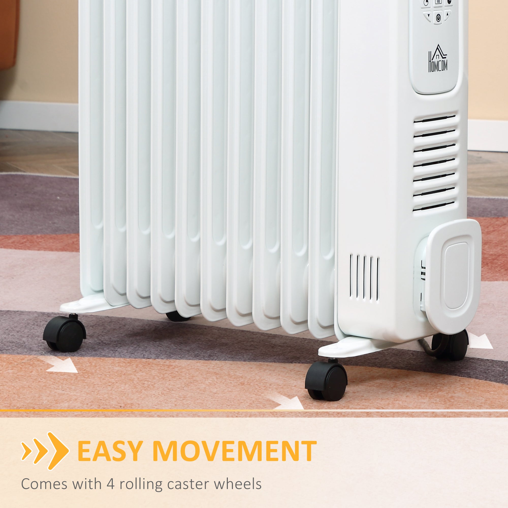 HOMCOM 2500W Digital Display Oil Filled Radiator, 11Fin Portable Electric Heater with Timer, Adjustable Thermostat, Three Heat Settings, Safety Cut Off, Remote, White - North Peak Garden Furniture