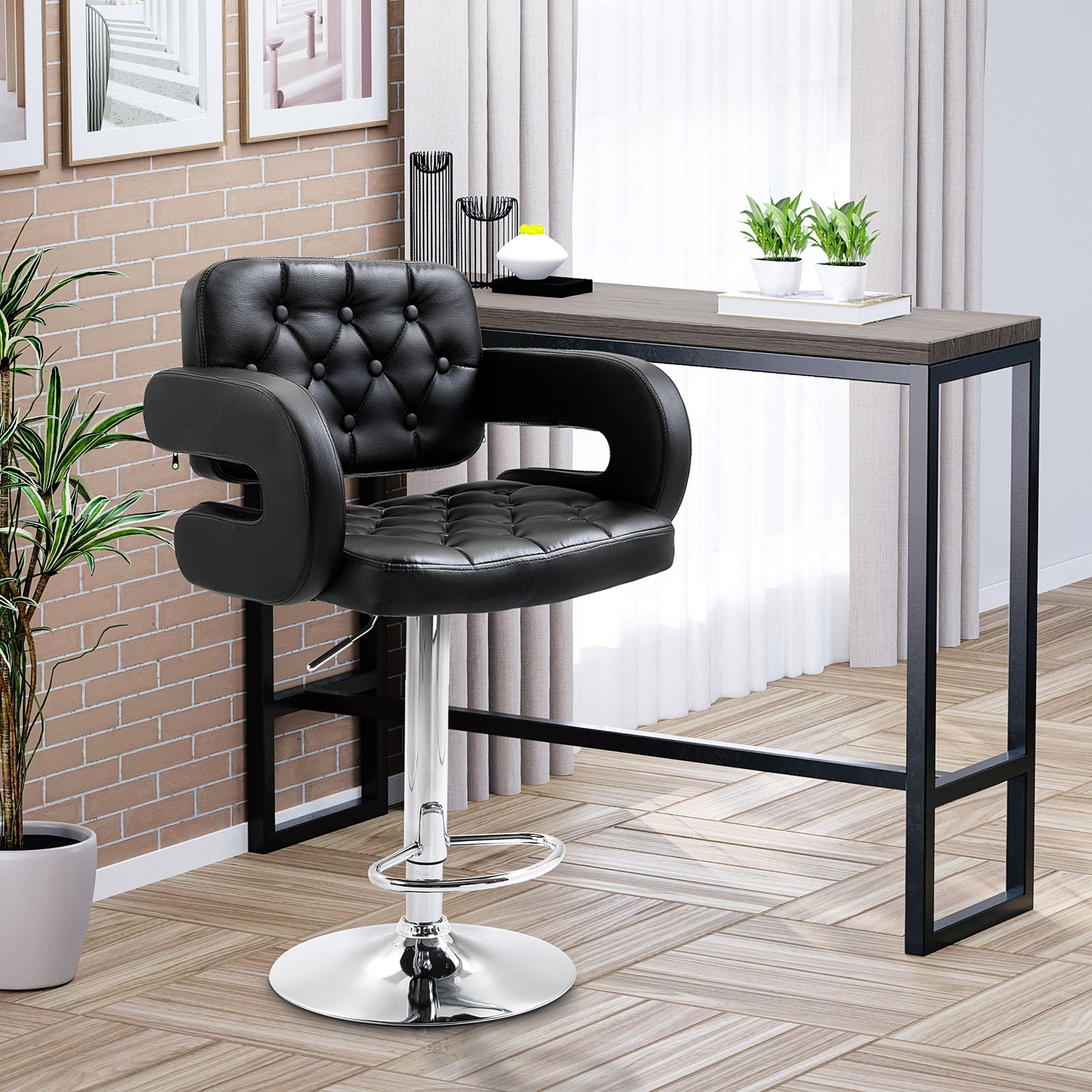 HOMCOM PU Leather Upholstered Swivel Bar Stool, Height Adjustable Barstool with Back, Armrest, Footrest for Kitchen - North Peak Garden Furniture