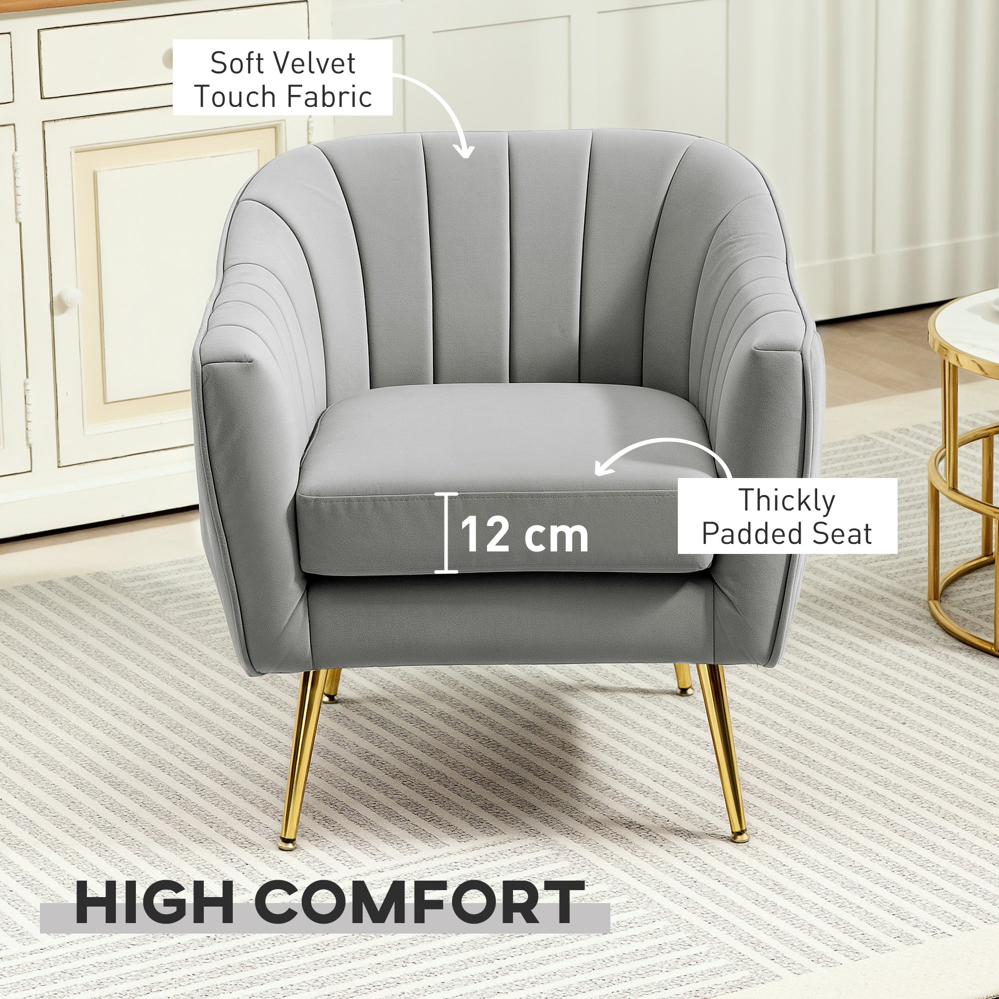 HOMCOM Velvet-Feel Shell Back Accent Chair - Grey - North Peak Garden Furniture
