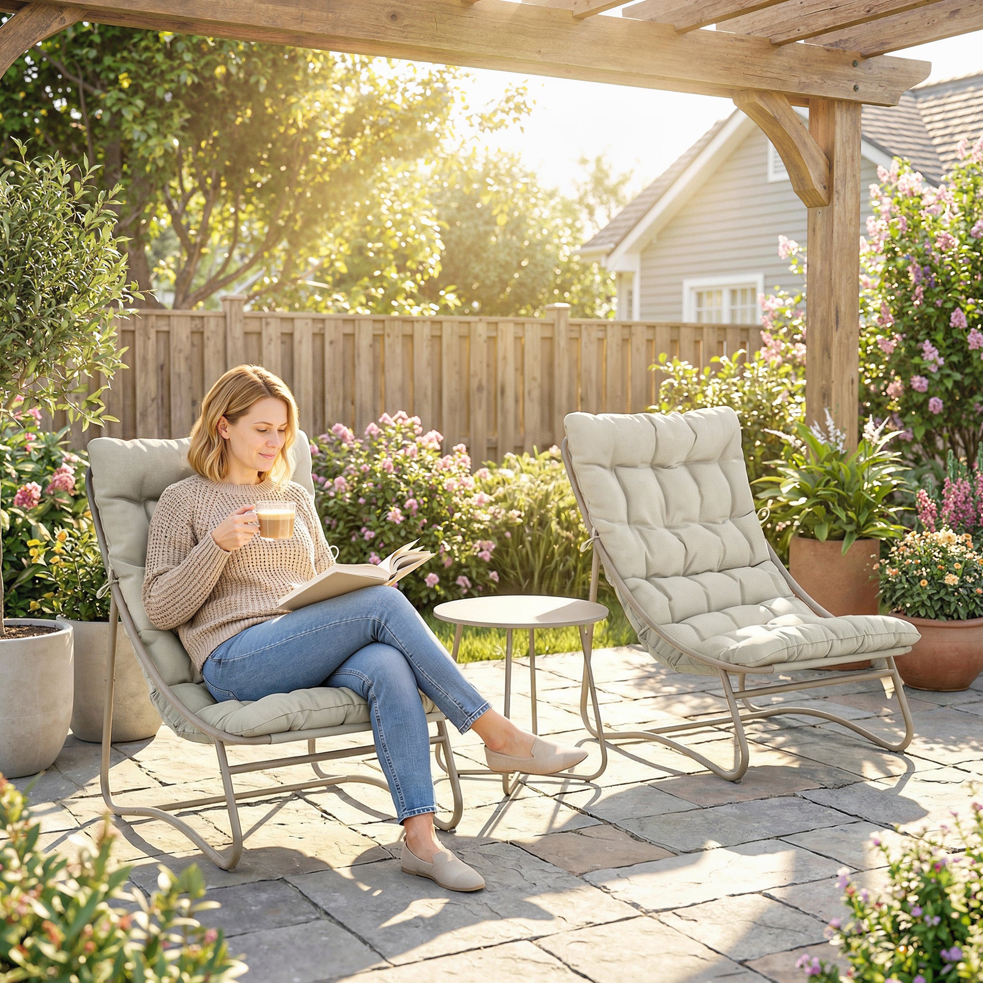 Outsunny 3 Piece Garden Bistro Set, Round Outdoor Bistro Table and Chairs Set for 2 with Texteline Seat and Cushions, Light Grey