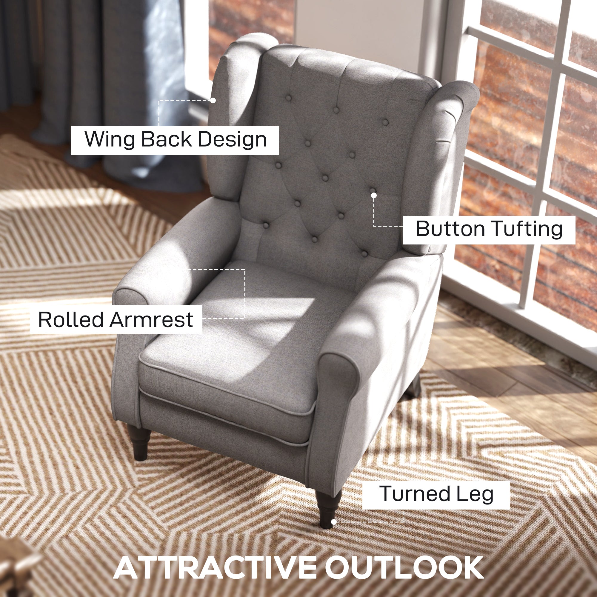 HOMCOM Retro Accent Chair, Wingback Armchair with Wood Frame Button Tufted Design for Living Room Bedroom, Grey - North Peak Garden Furniture