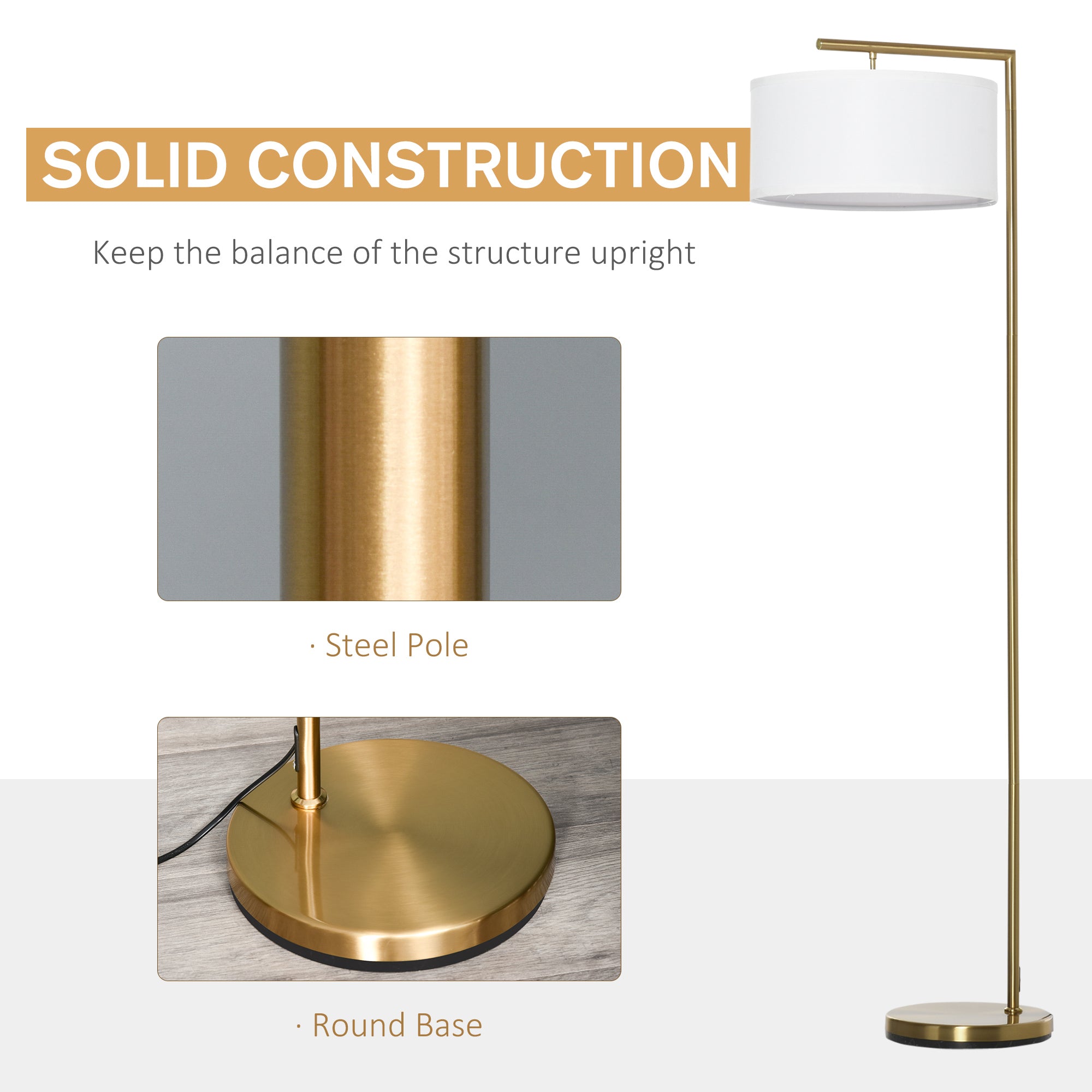 HOMCOM Floor Lamp, Modern Standing Light with Linen Lampshade, Round Base for Living Room, Bedroom, Dining Room, 153cm, Gold and White - North Peak Garden Furniture