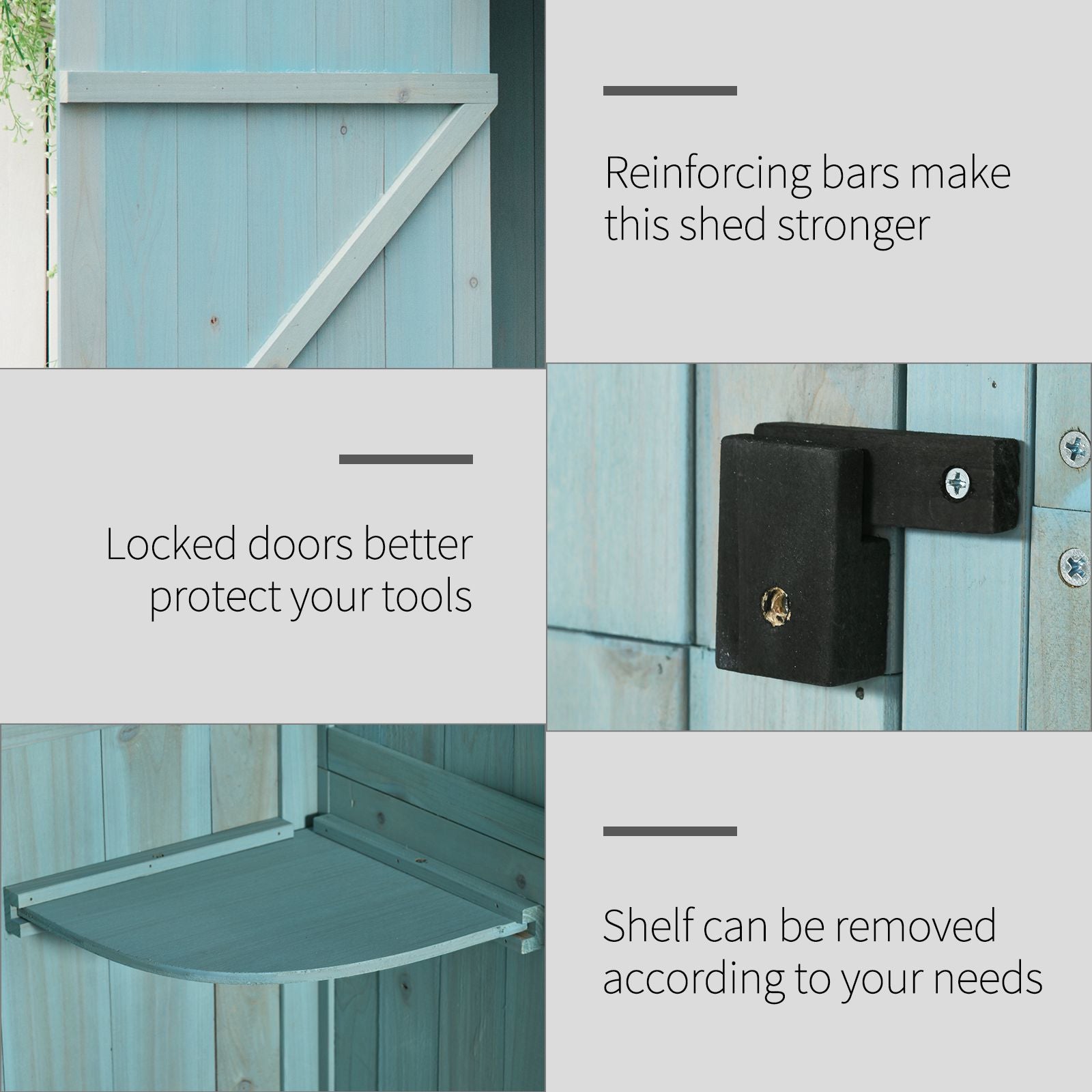 Outsunny Garden Shed Vertical Utility 3 Shelves Shed Wood Outdoor Garden Tool Storage Unit Storage Cabinet, 77 x 54.2 x 179cm - Blue - North Peak Garden Furniture