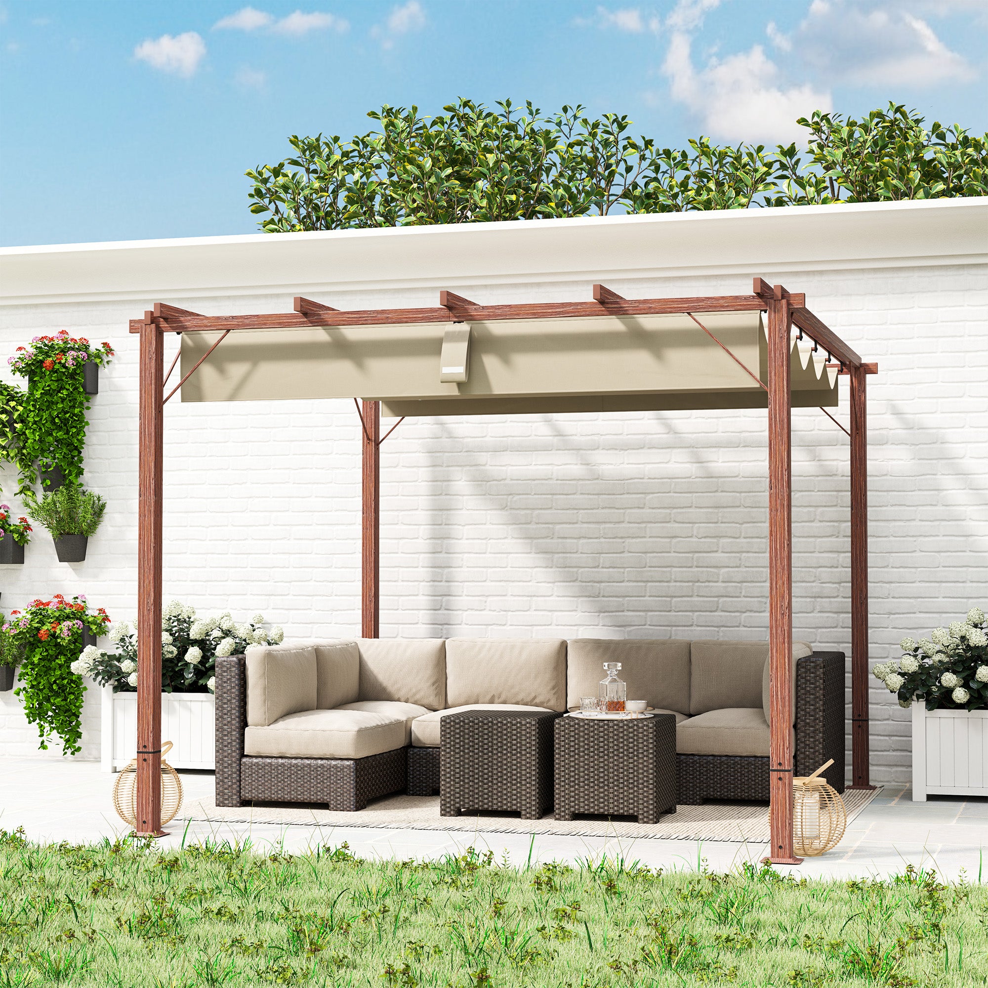 Outsunny 3 x 3 m Retractable Roof Pergola - Natural Wood Finish - North Peak Garden Furniture