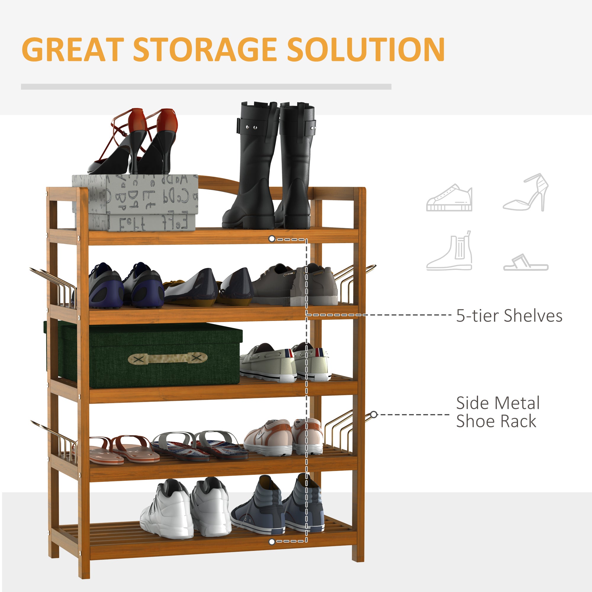 HOMCOM 5-Tier Shoe Rack, Acacia Wooden Shoe Storage Organiser with Hangers, Holds up to 24 Pairs, for Entryway, Living Room, 64 x 26 x 82 cm, Teak - North Peak Garden Furniture