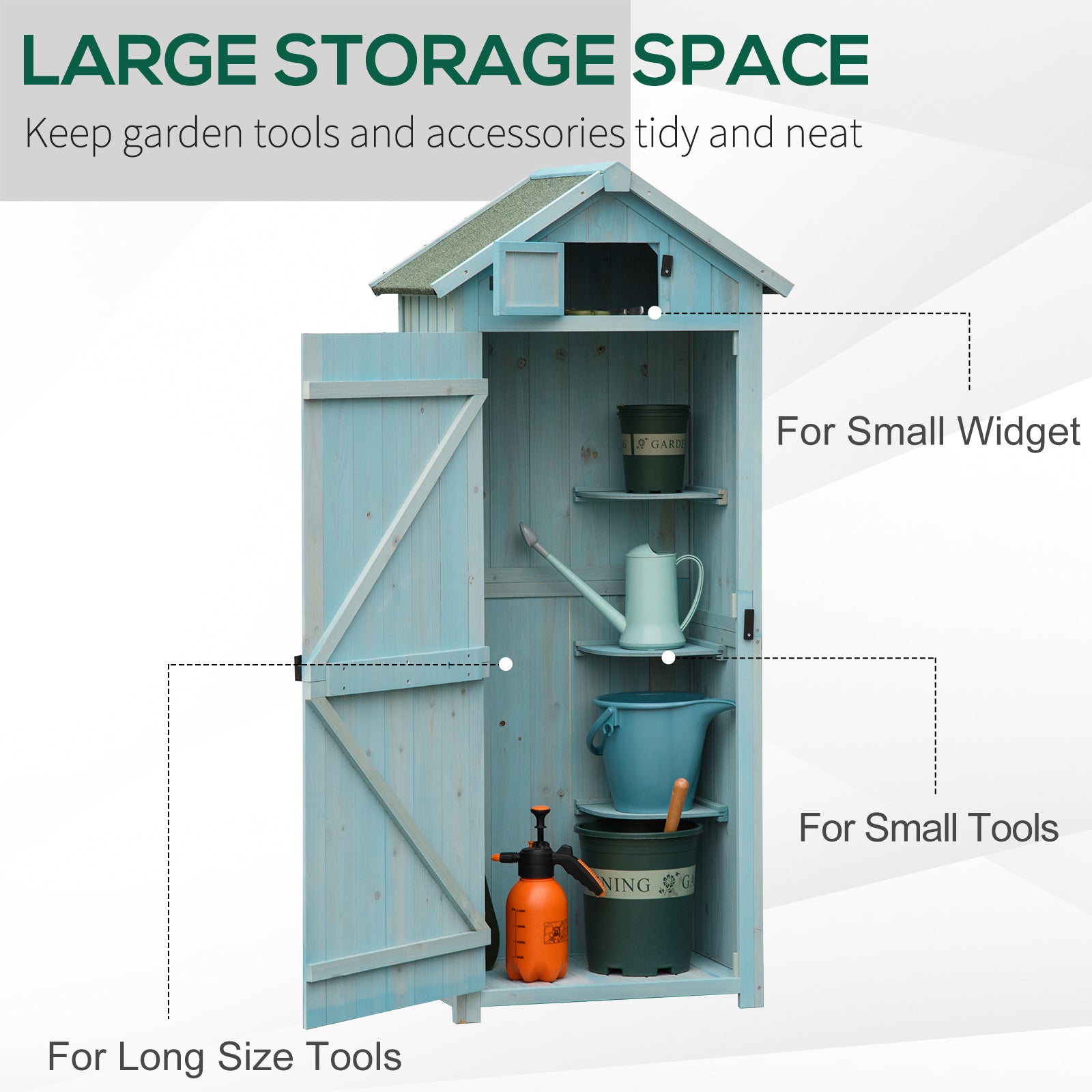 Outsunny Garden Shed Vertical Utility 3 Shelves Shed Wood Outdoor Garden Tool Storage Unit Storage Cabinet, 77 x 54.2 x 179cm - Blue - North Peak Garden Furniture